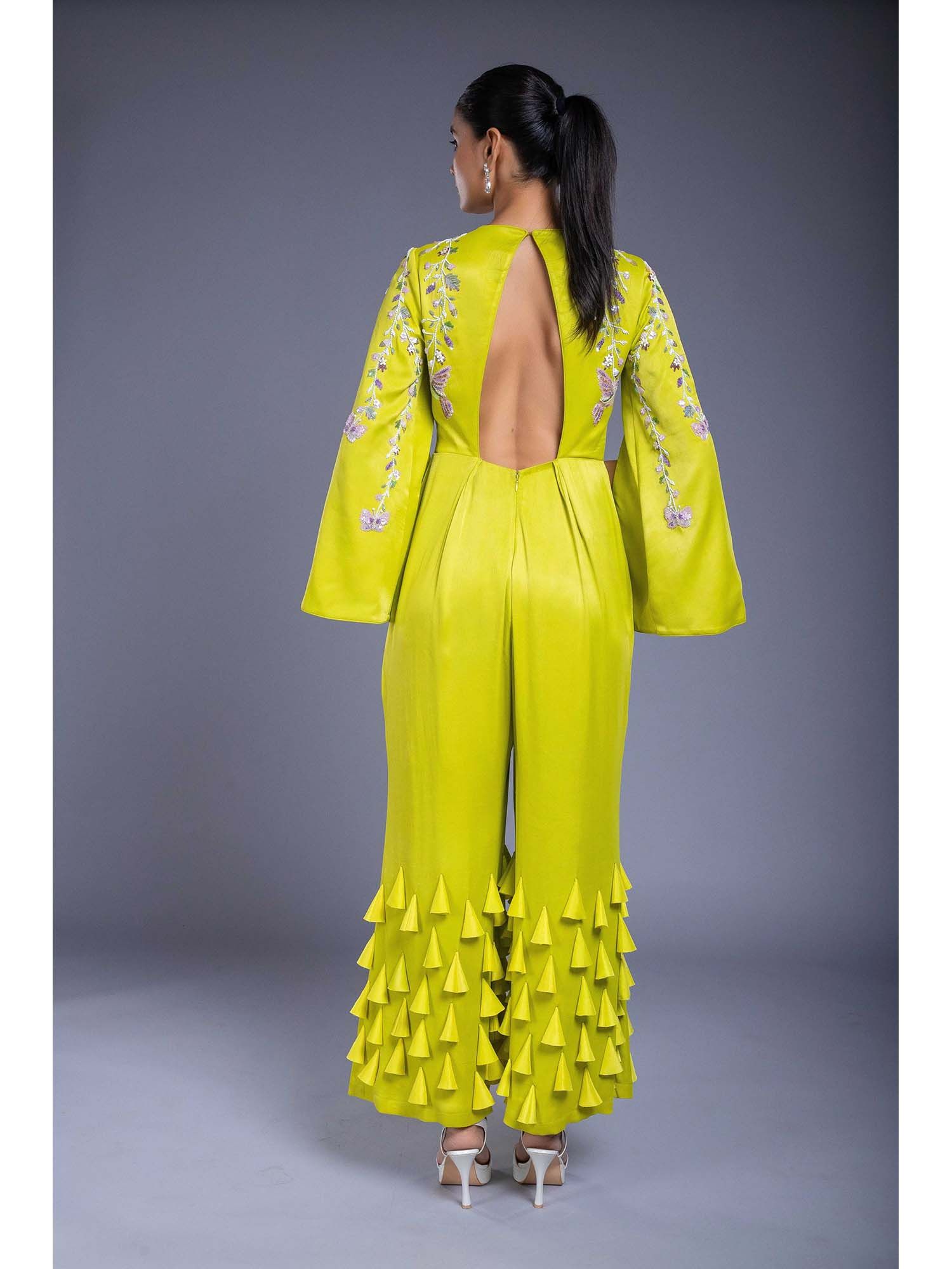 Green Silk Embroidered Jumpsuit