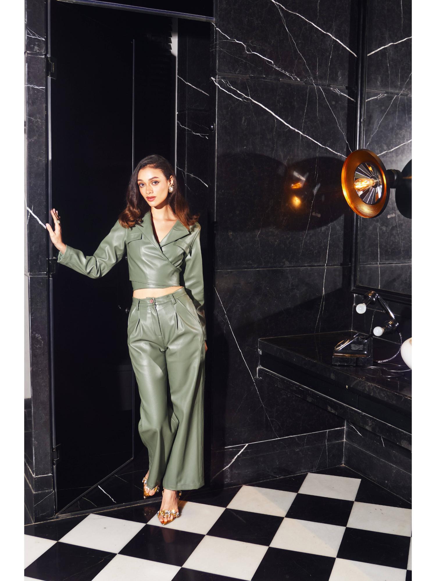 Faye Green Lather Palin Crop Jacket with Pant