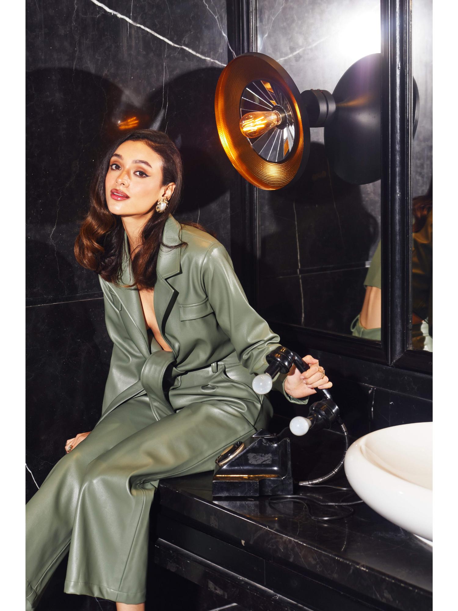Faye Green Lather Palin Crop Jacket with Pant