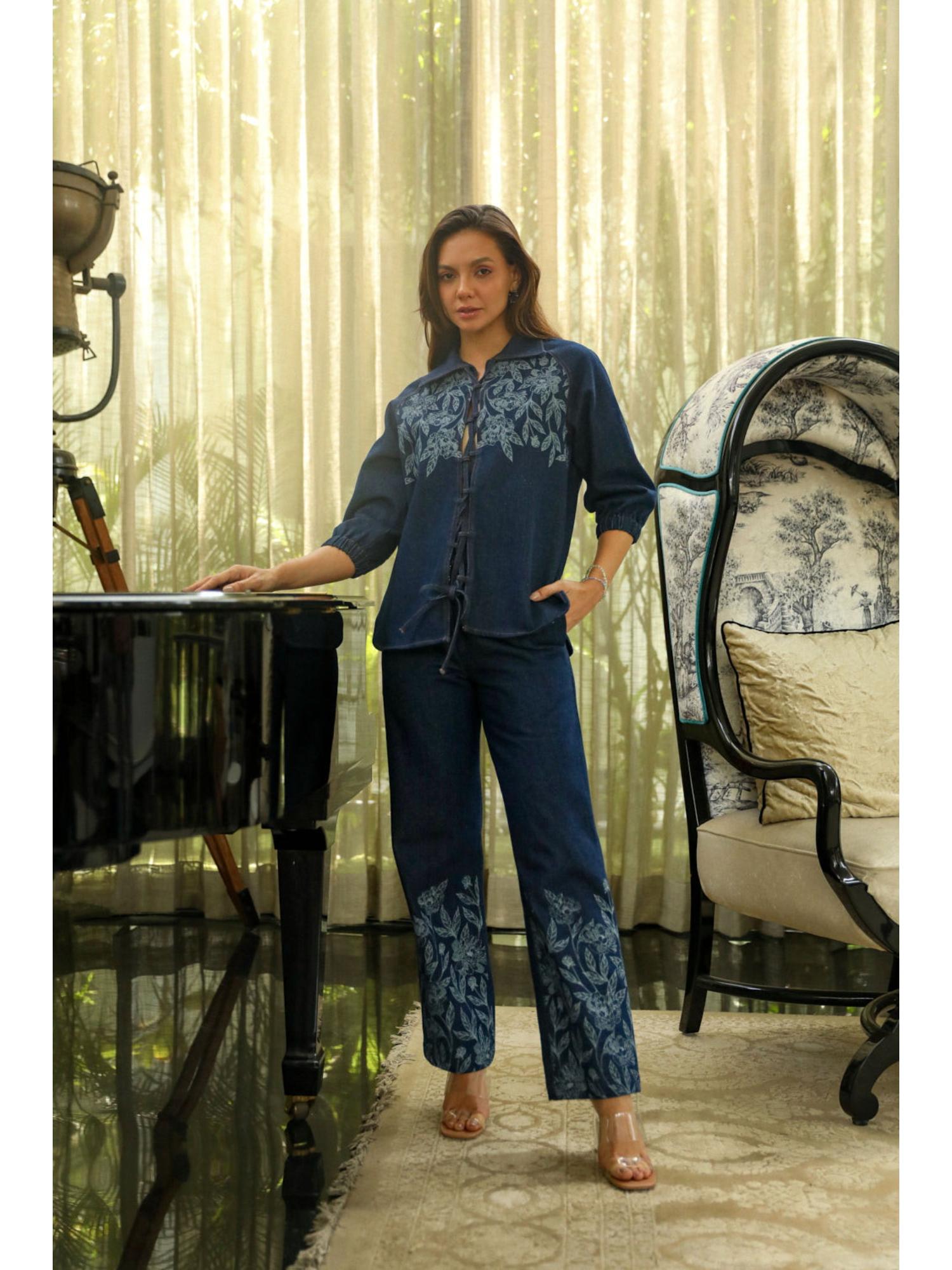 Lowis Blue Denim Thread Work Top with Pant