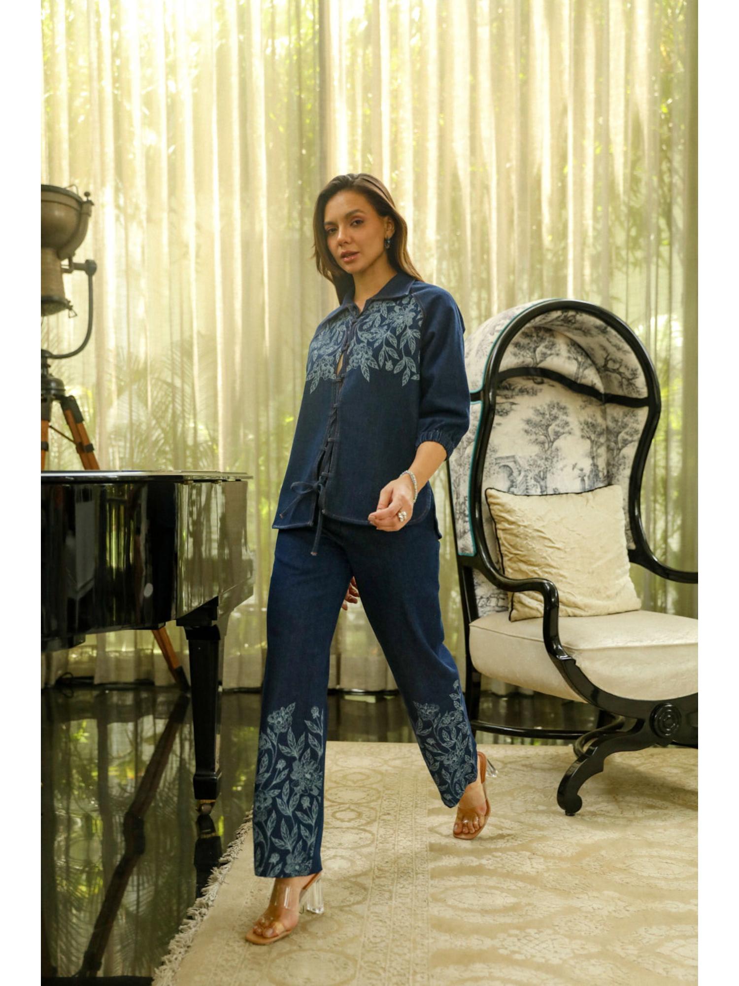 Lowis Blue Denim Thread Work Top with Pant