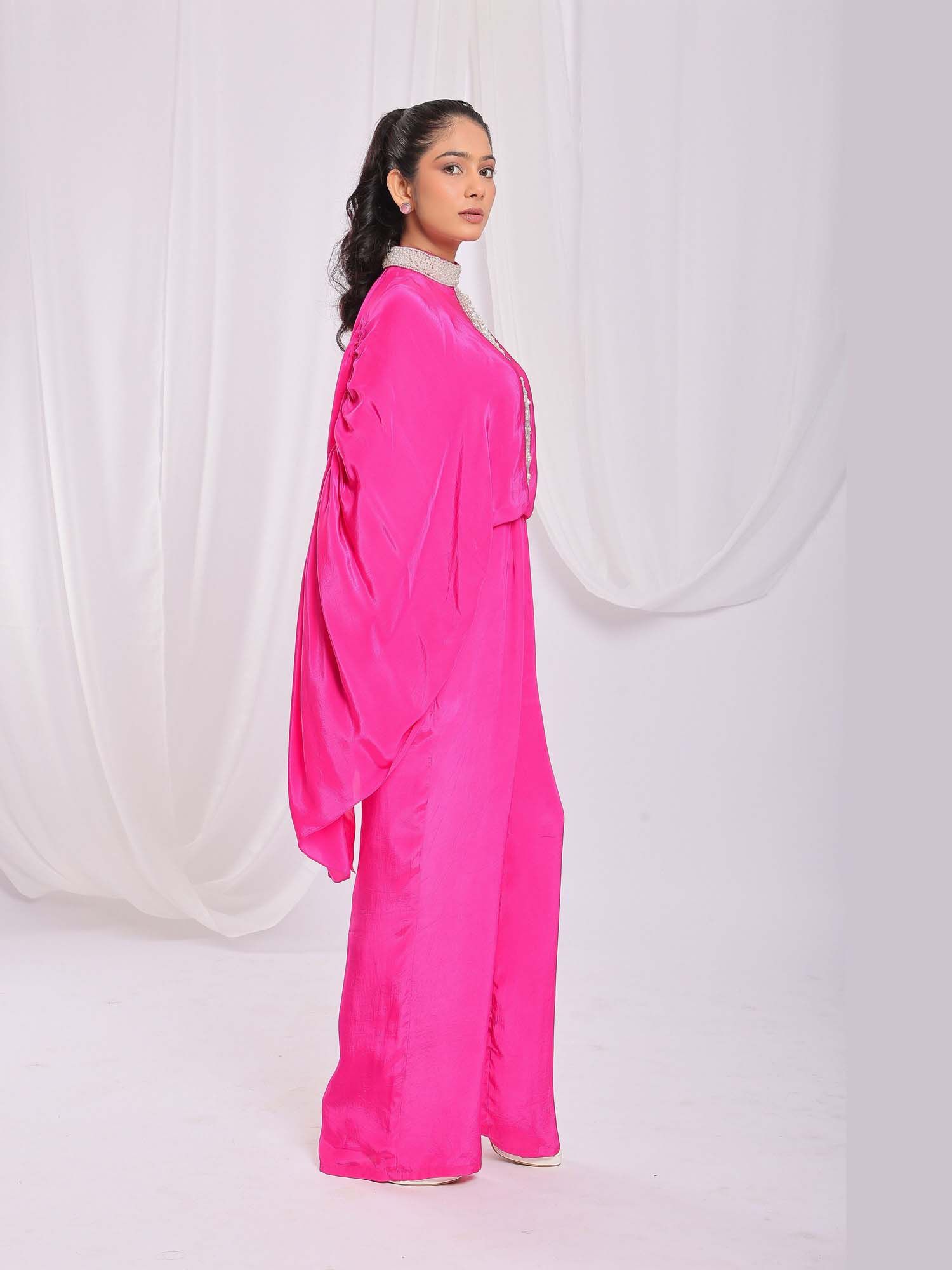 Tassel Tie Embroidered Cape Jumpsuit