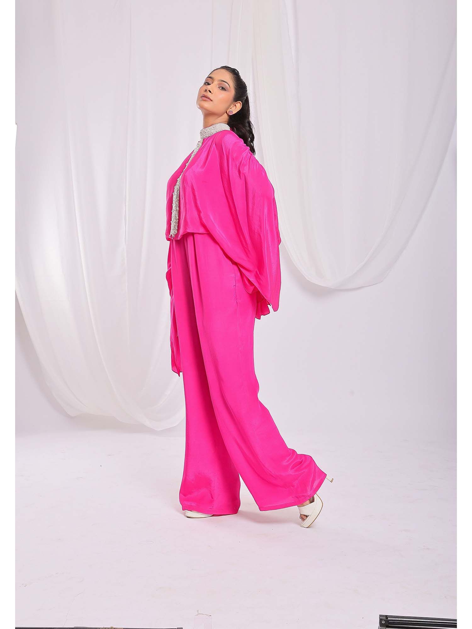 Tassel Tie Embroidered Cape Jumpsuit