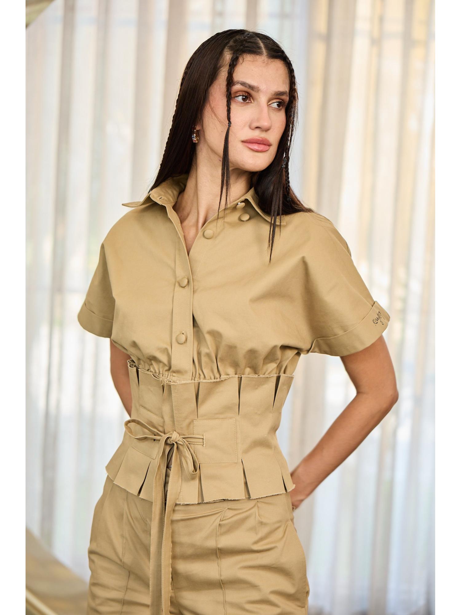 Naoria Beige Cotton Plain Top and Pant with Belt