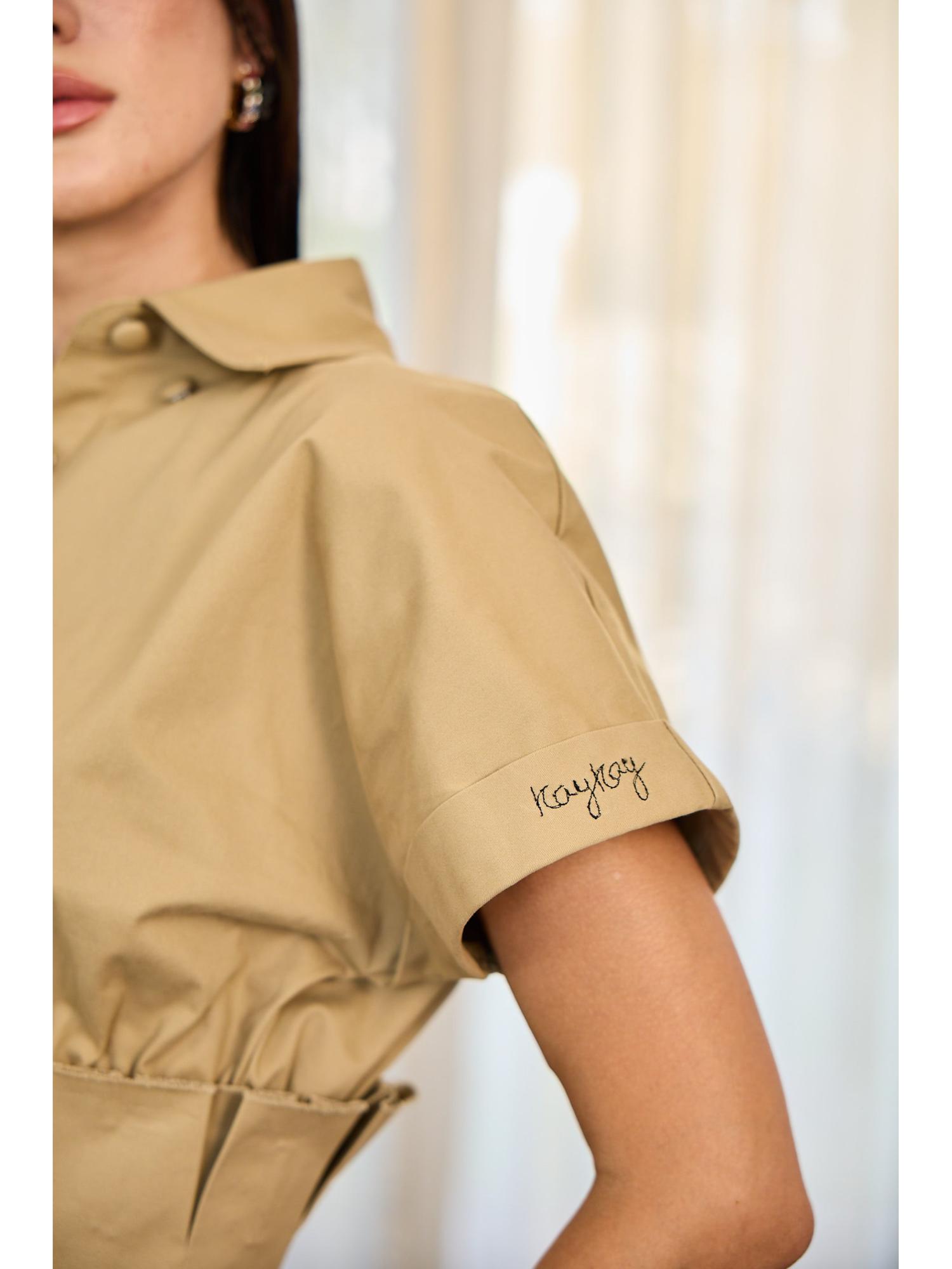 Naoria Beige Cotton Plain Top and Pant with Belt