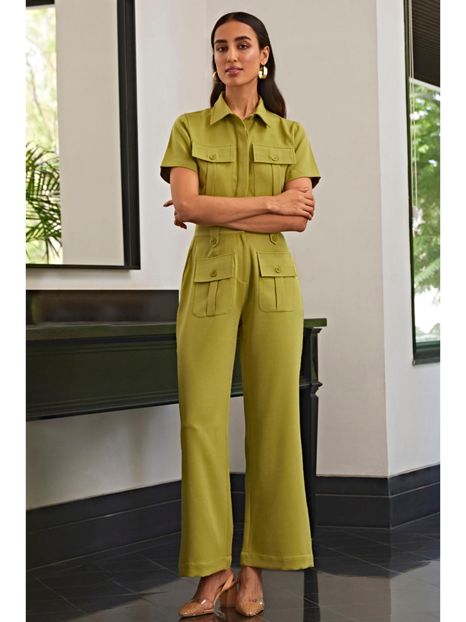 Olive Green Crepe Palin Crop Shirt and Pant