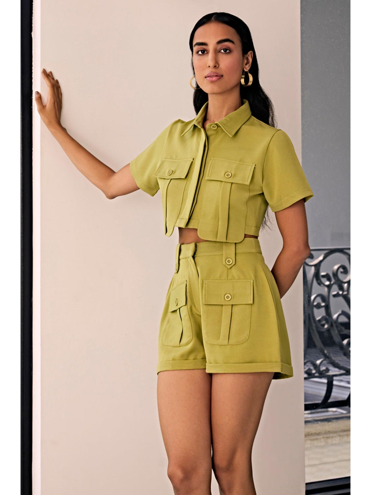 Olive Green Crepe Palin Crop Shirt and Pant