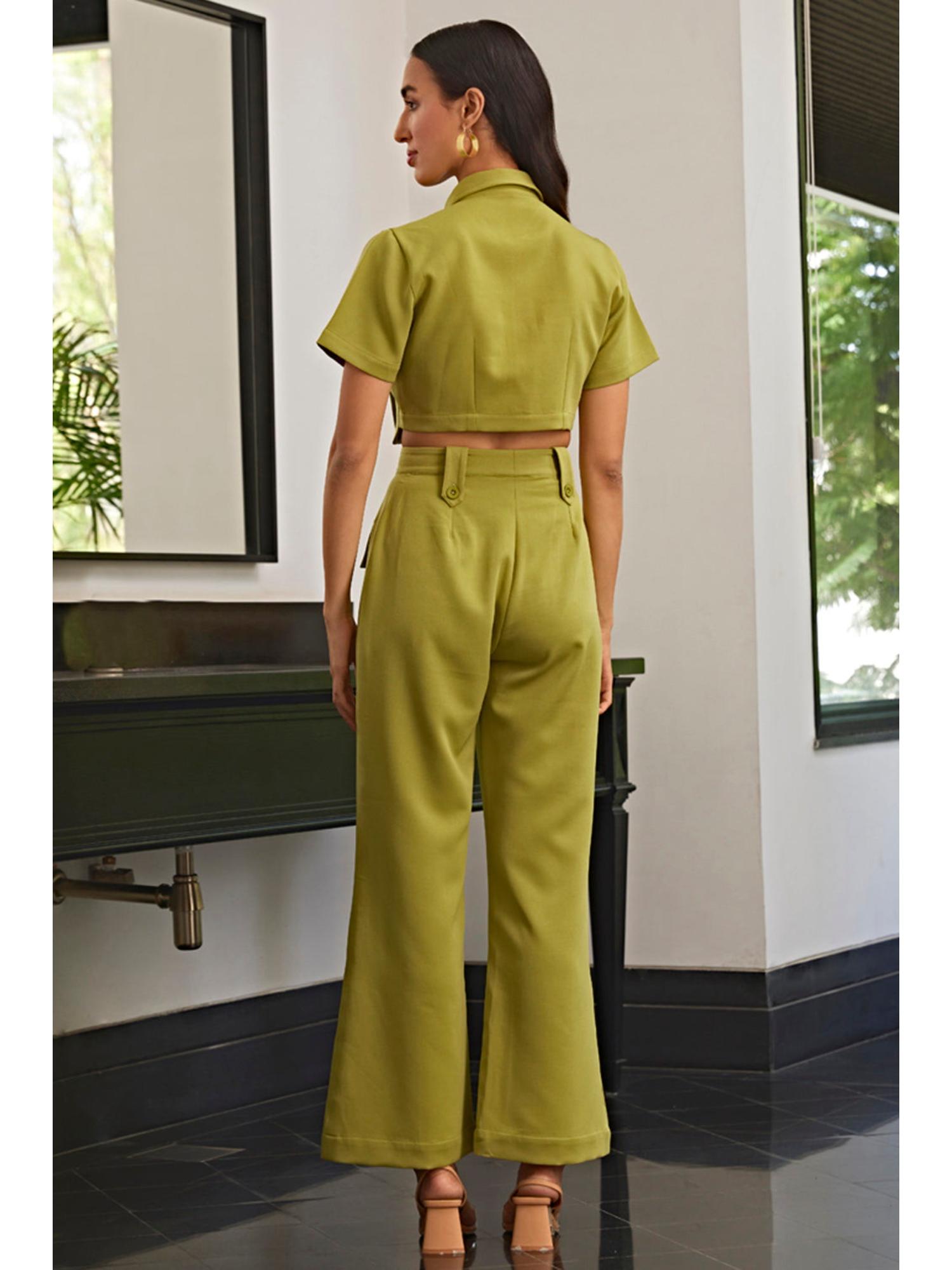 Olive Green Crepe Palin Crop Shirt and Pant