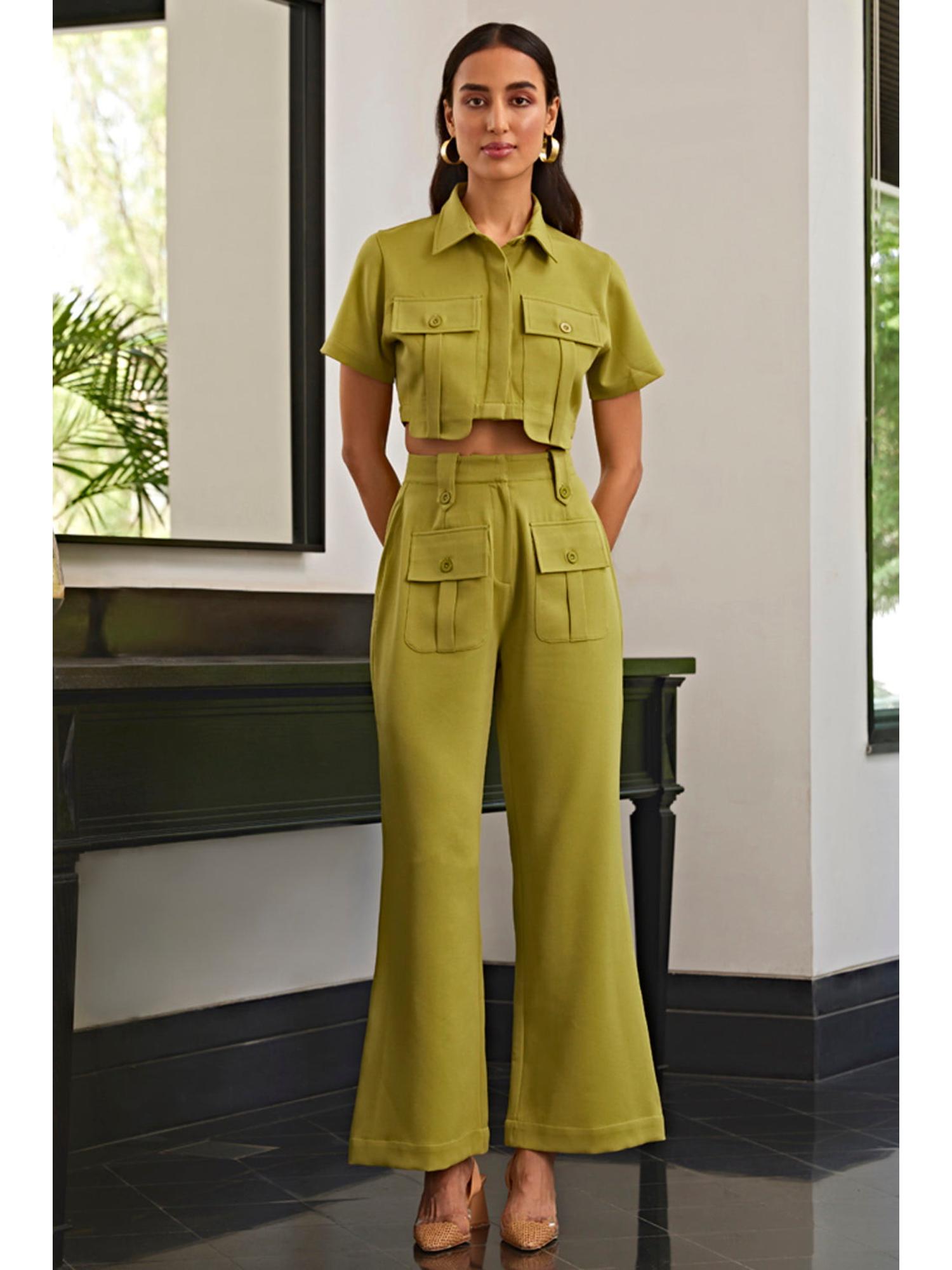 Olive Green Crepe Palin Crop Shirt and Pant
