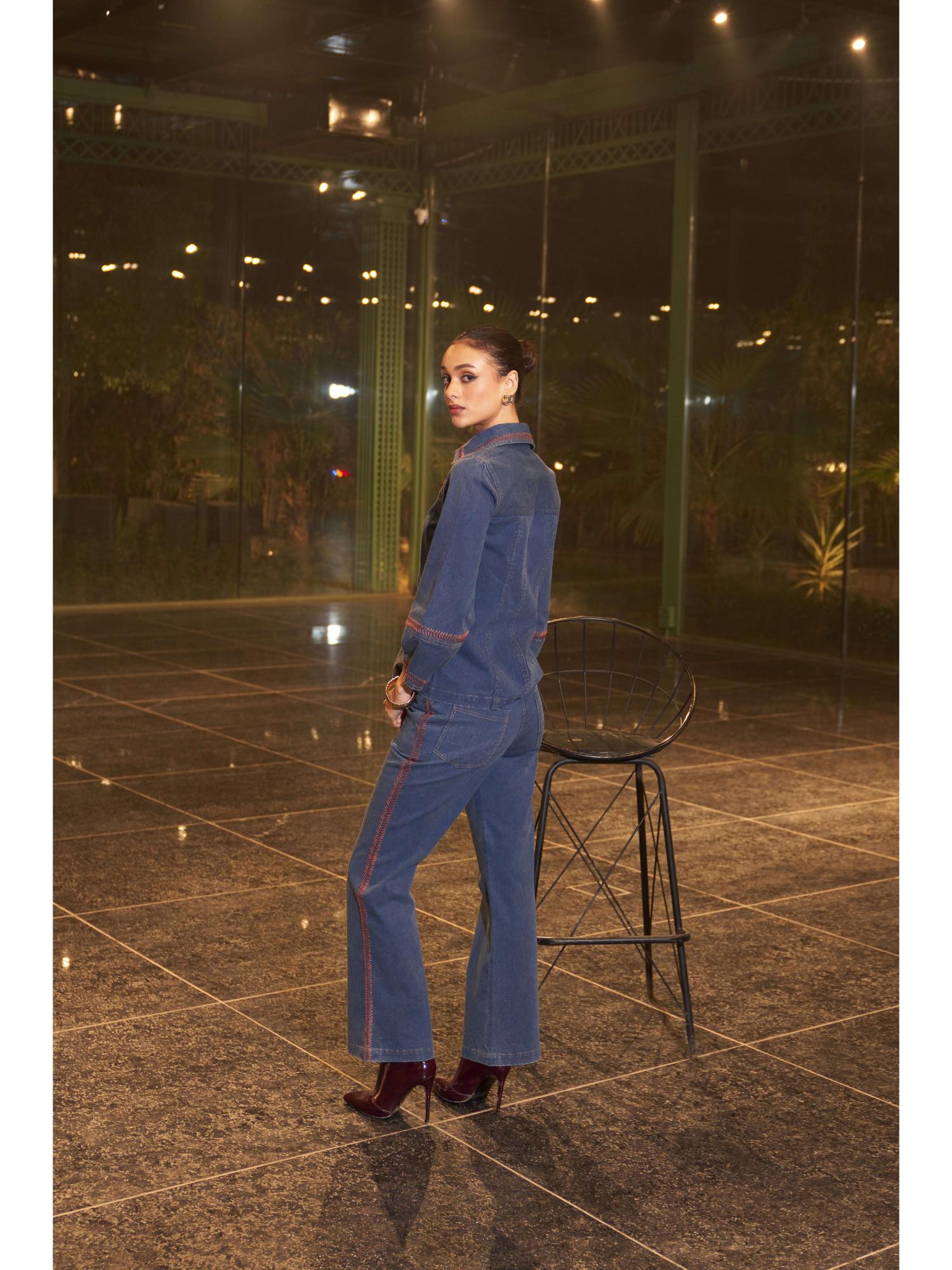 Reta Blue Denim Plain Top with Pant