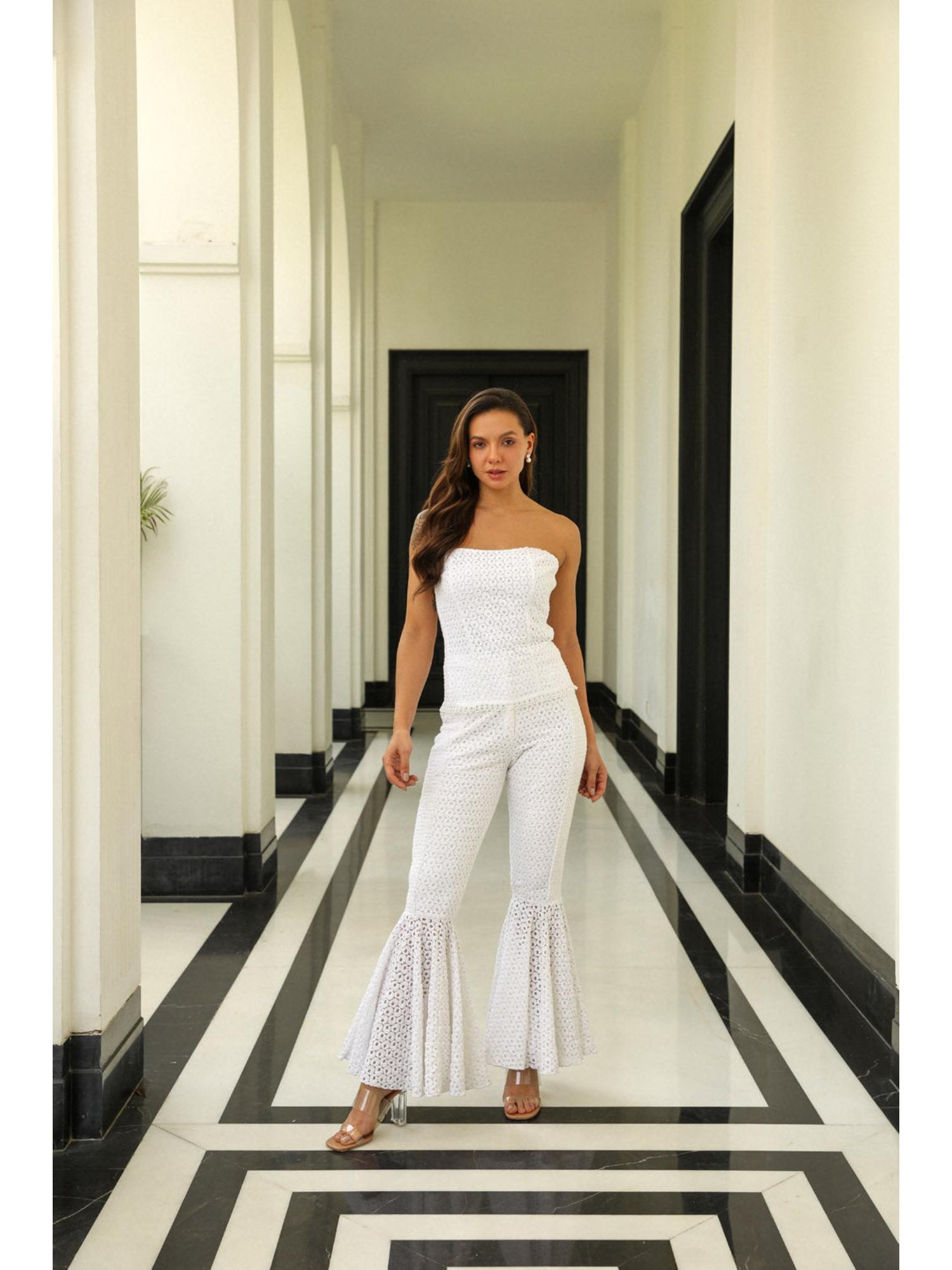 Miu White Cotton Thread Work Top with Pant