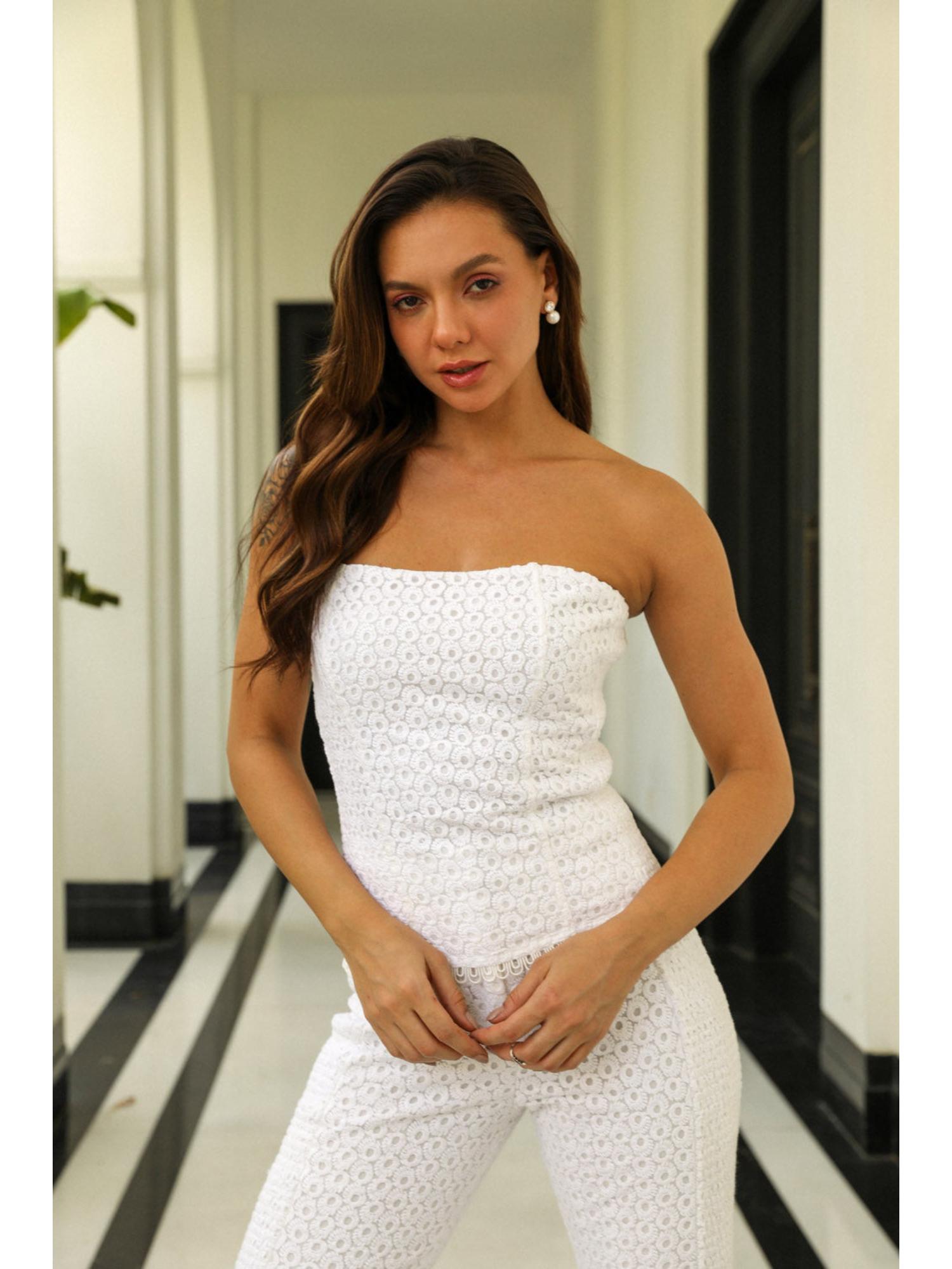 Miu White Cotton Thread Work Top with Pant