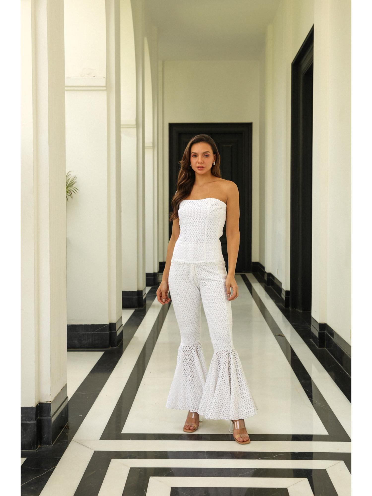 Miu White Cotton Thread Work Top with Pant