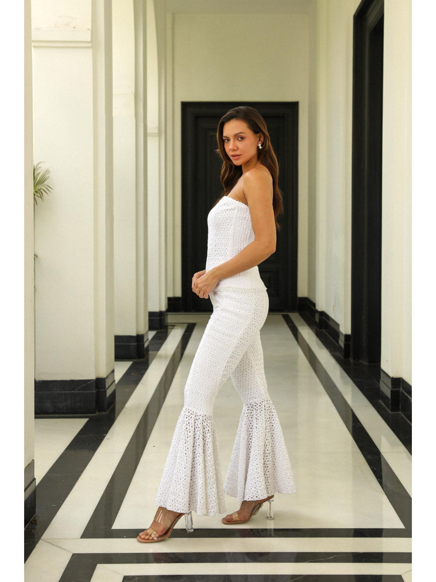 Miu White Cotton Thread Work Top with Pant