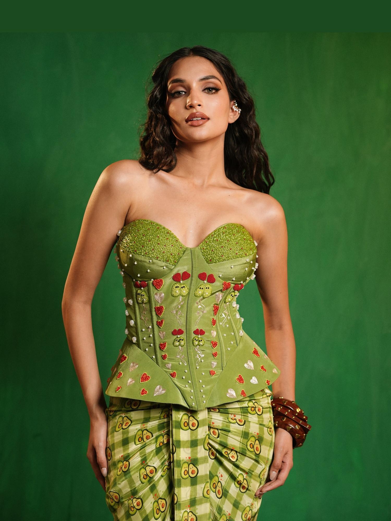 Green Avocado Printed Corset Drape Set