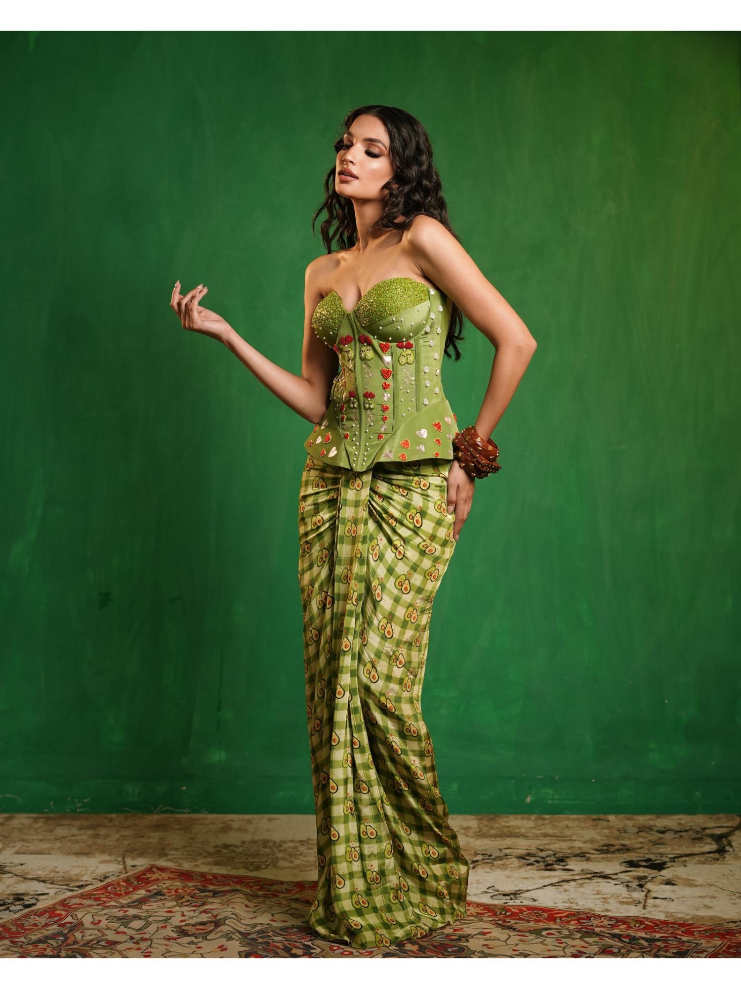 Green Avocado Printed Corset Drape Set