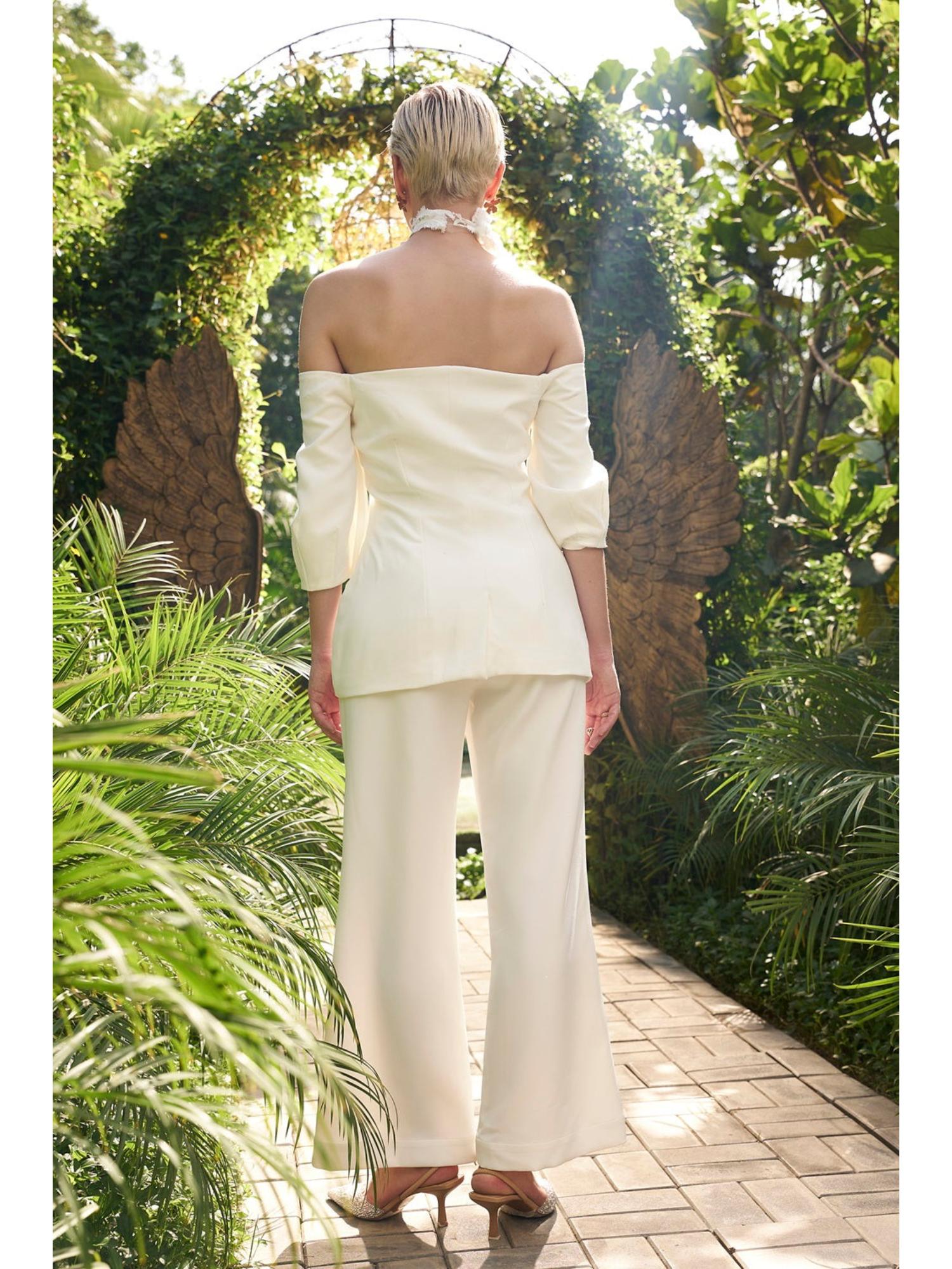 Ava Off White Plain Blazer with Pant