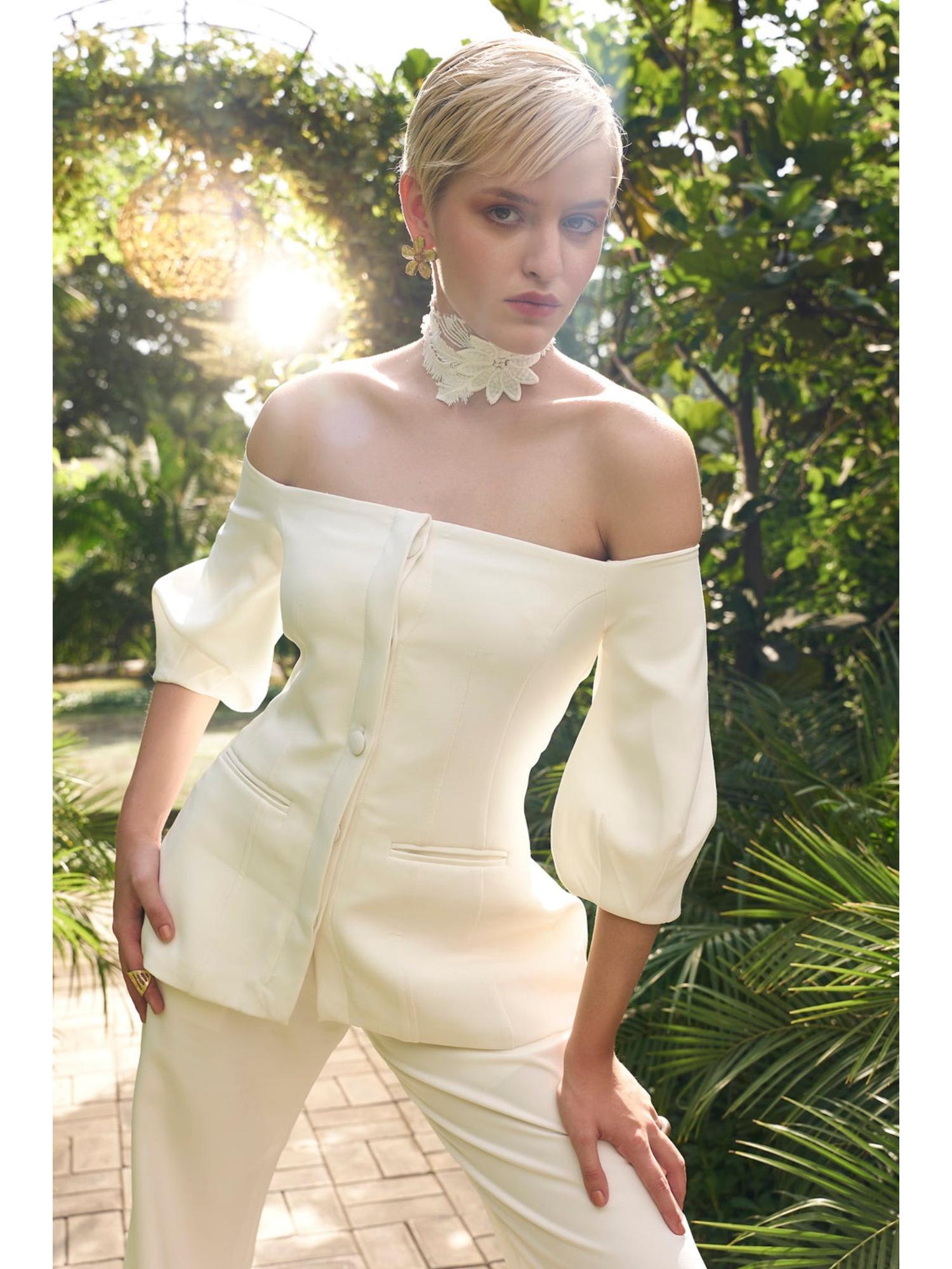 Ava Off White Plain Blazer with Pant