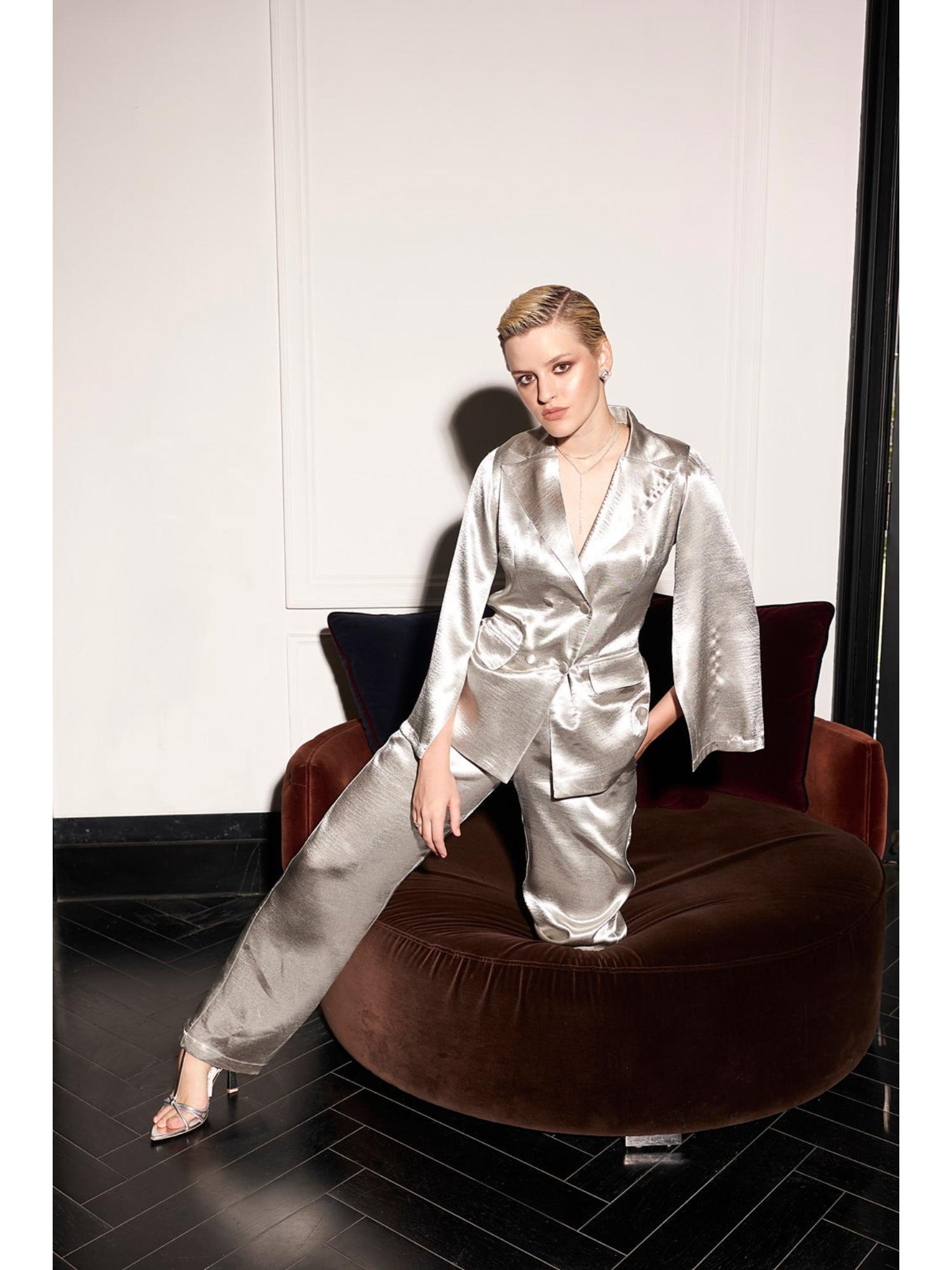 Emilia Silver Satin Blazer with Pant