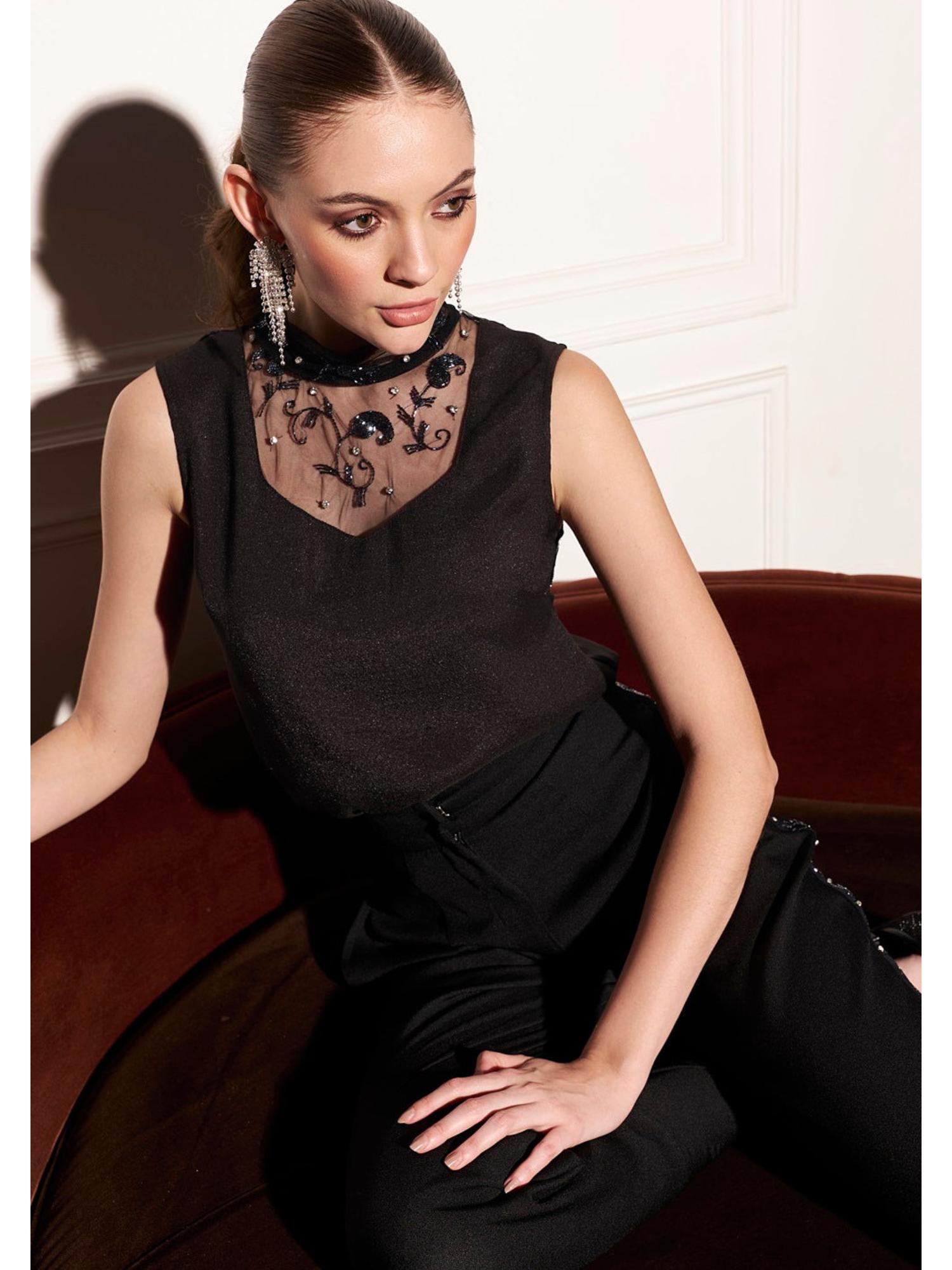 Quinn Black Embroidered Crepe Top and Pant
