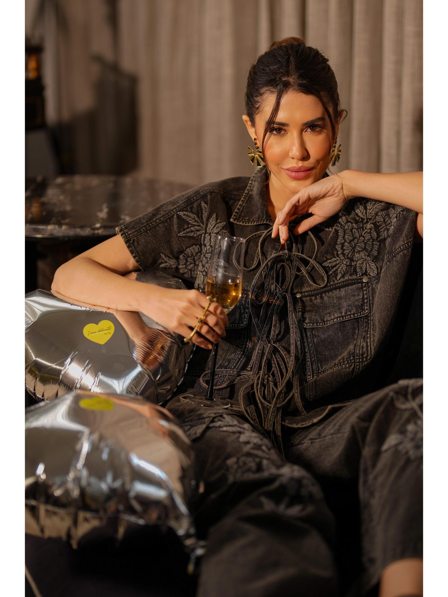 Reyna Black Denim Top with Pant