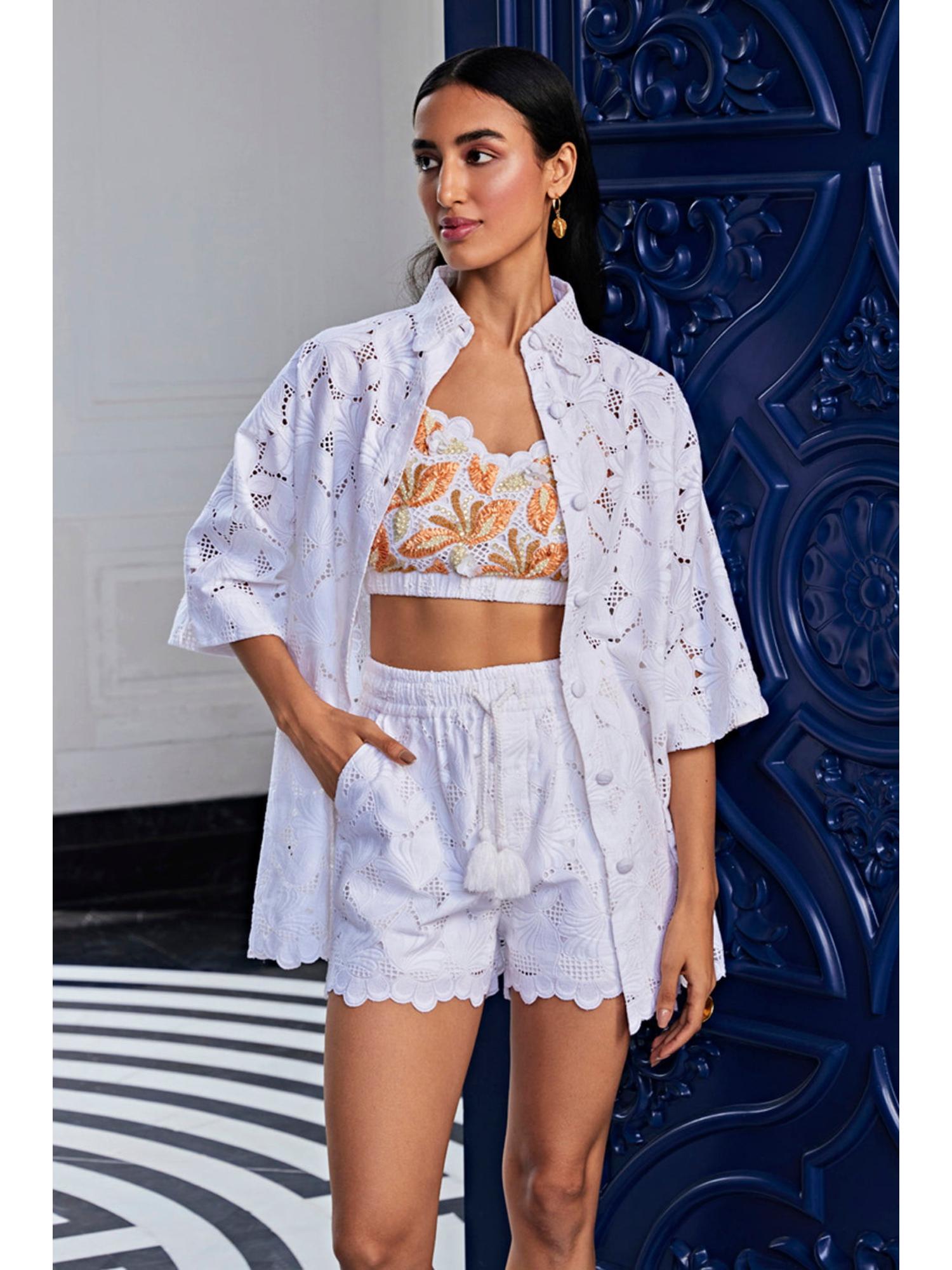 Schiffli Off White Embroidered Shirt and Shorts with Bralette