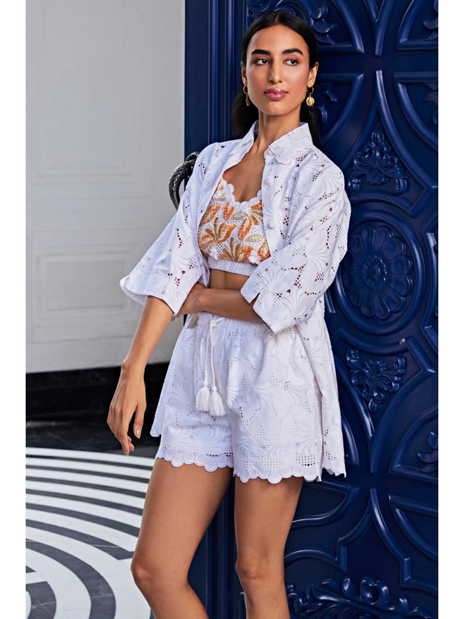 Schiffli Off White Embroidered Shirt and Shorts with Bralette