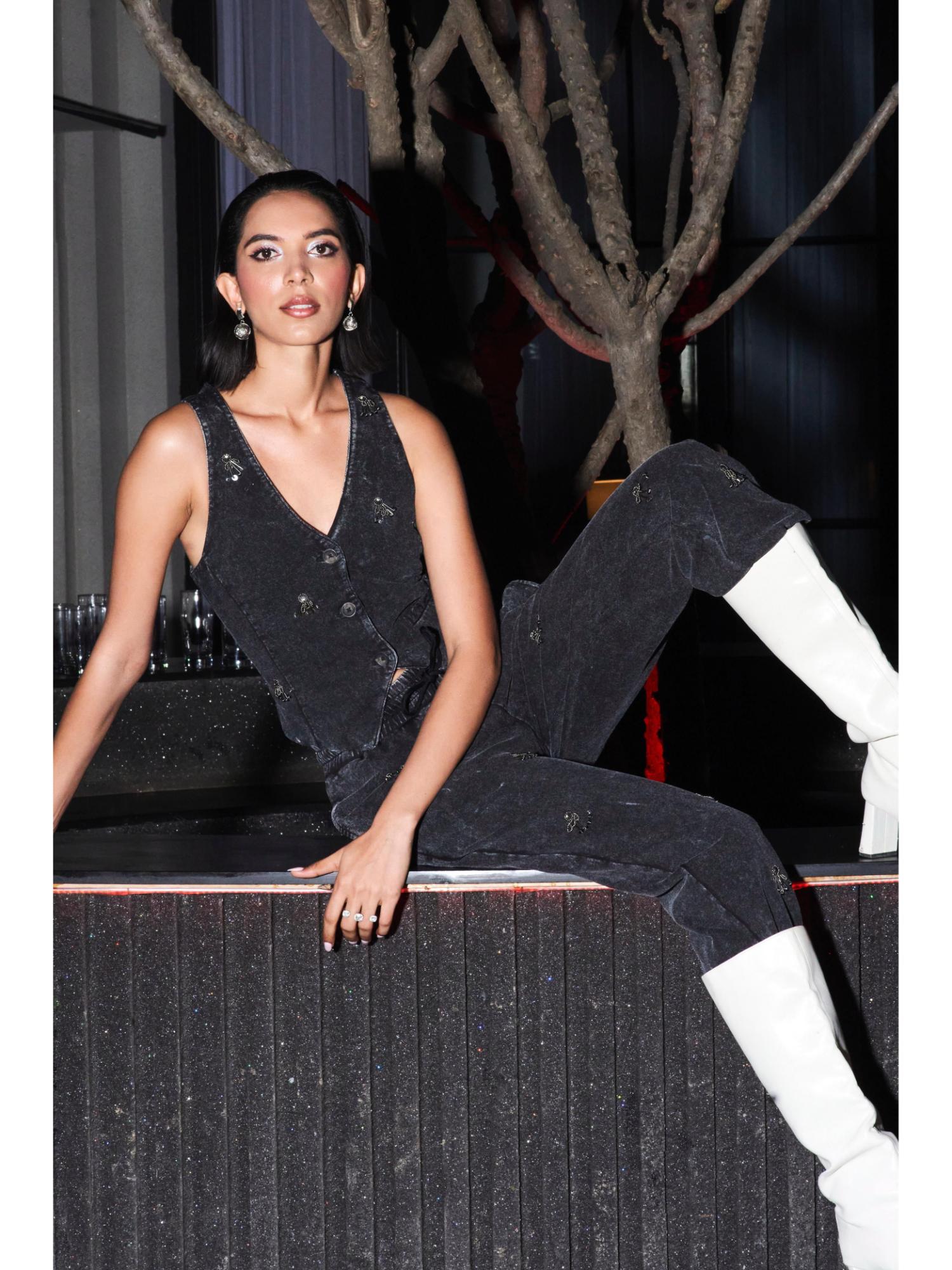 Tyra Black Cotton Embellished Top and Pant