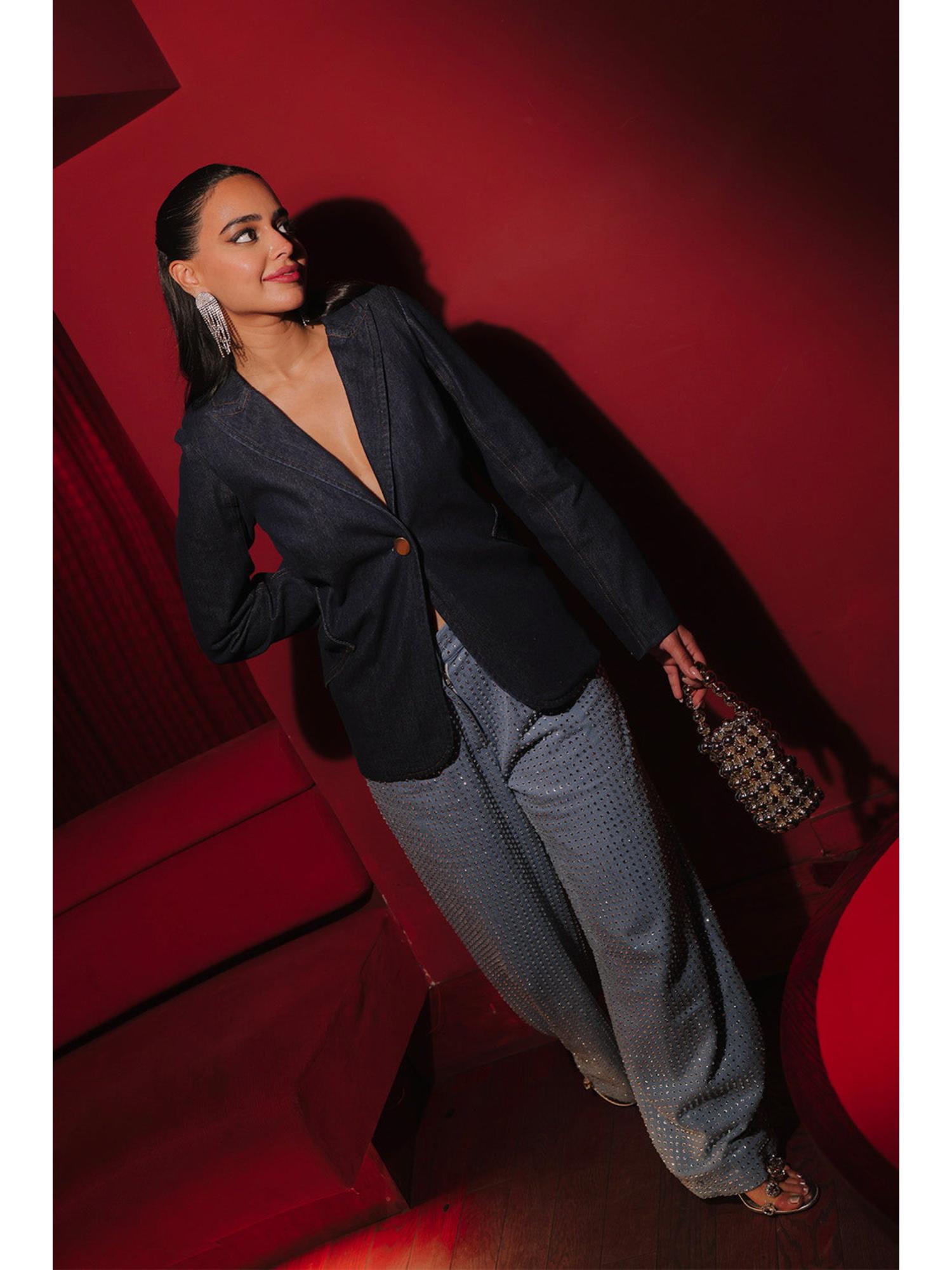 Naomi Swarovski Blue Embellished Trouser