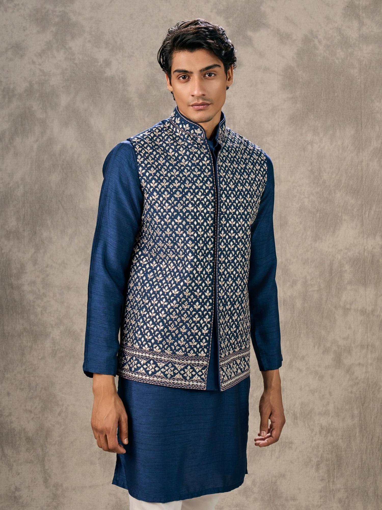 Navy Blue Splendour Kurta with Churidar and Jacket