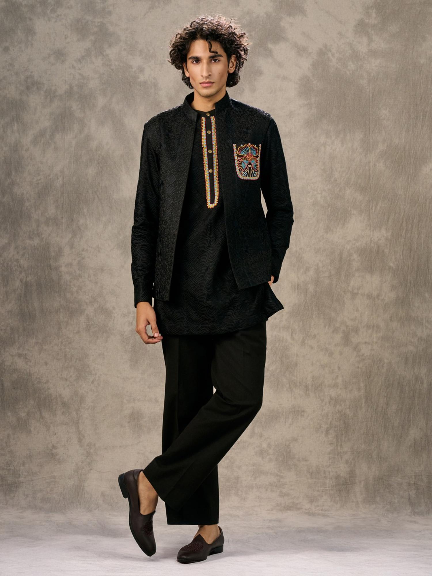 Lustrous Black Kurta with Trouser and Jacket
