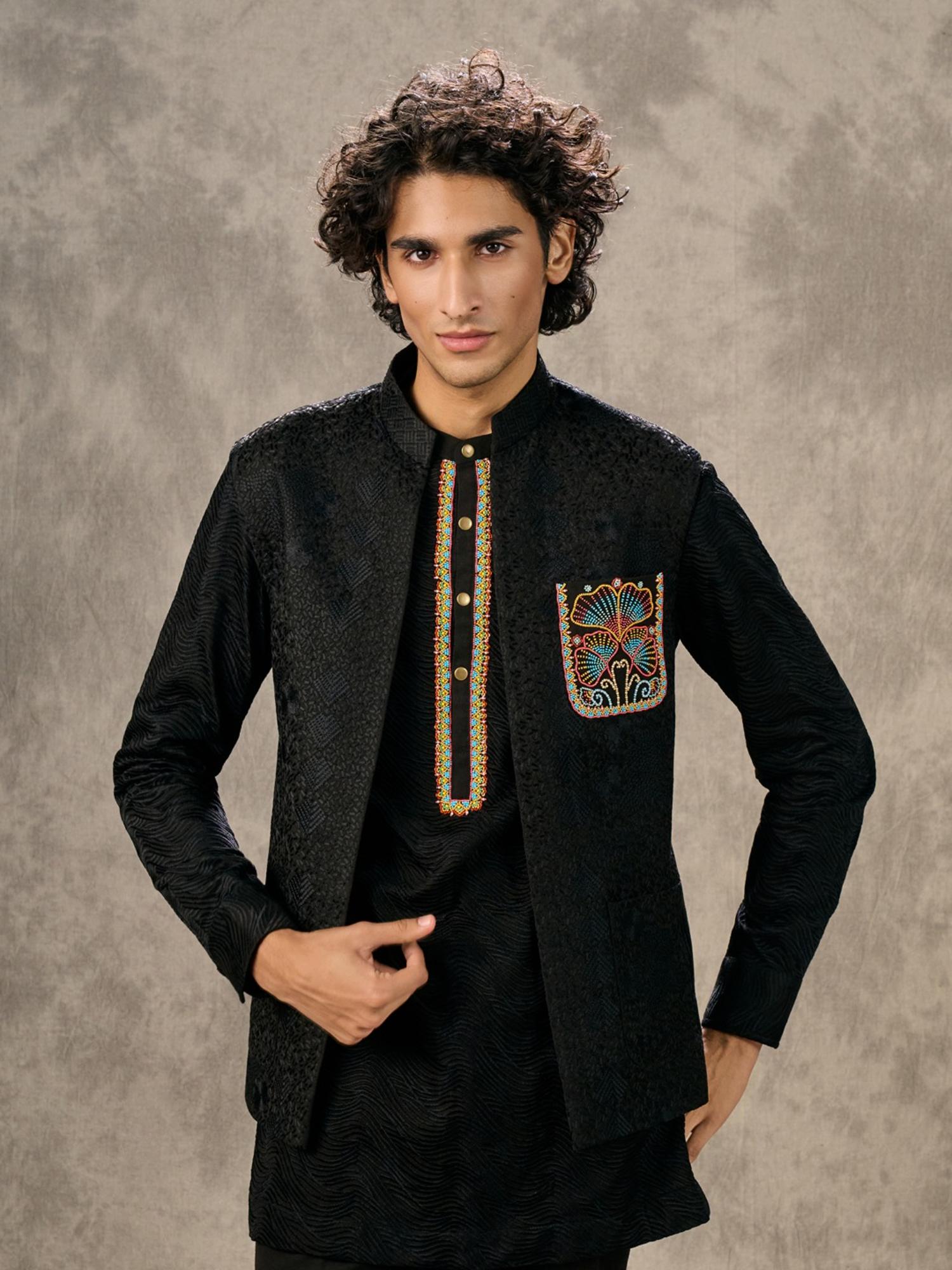 Lustrous Black Kurta with Trouser and Jacket
