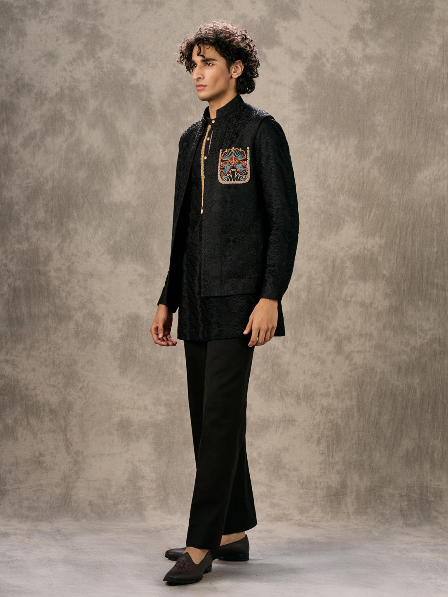 Lustrous Black Kurta with Trouser and Jacket
