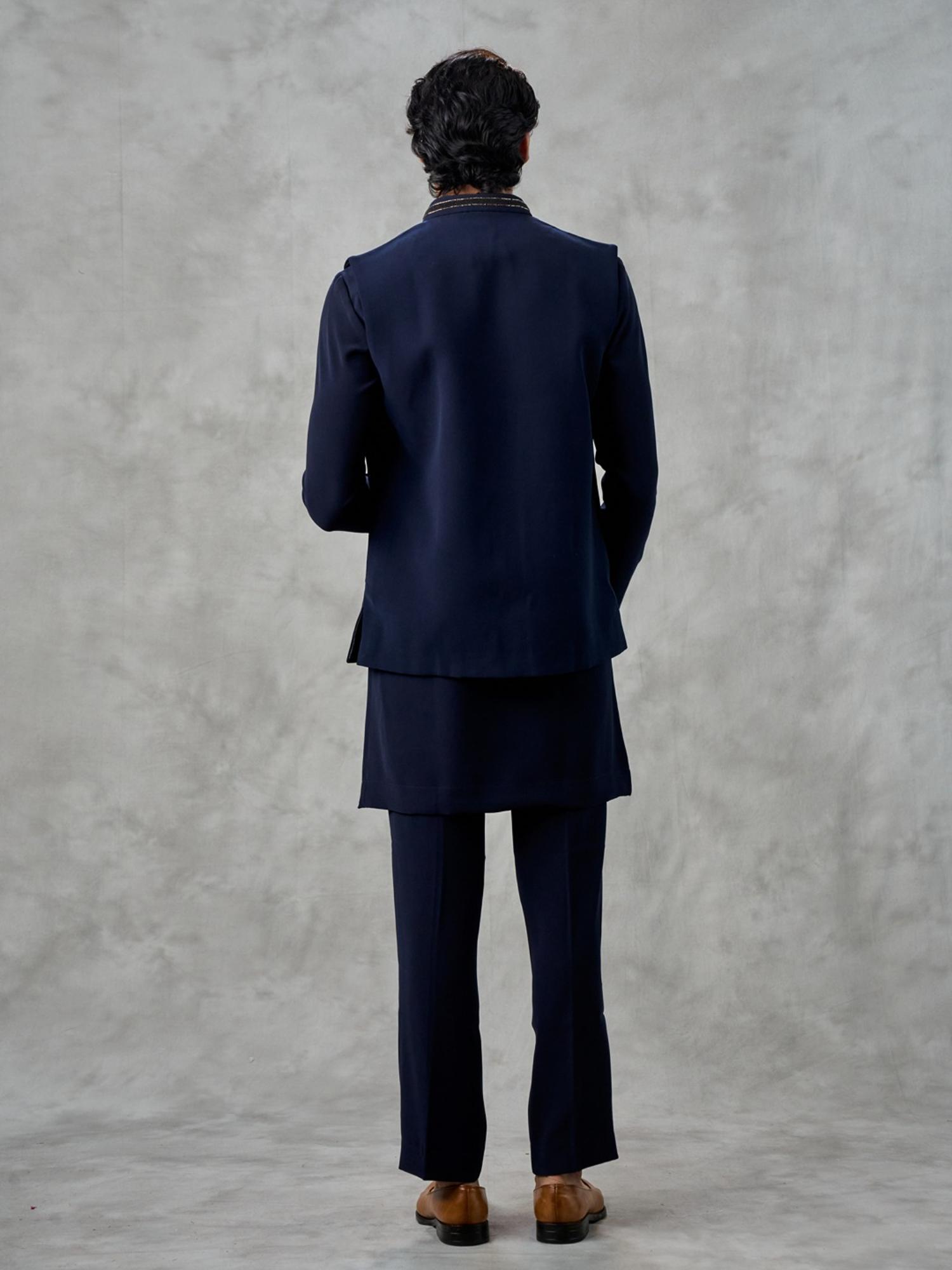 Navy Blue Blended Viscose Kurta with Trouser and Jacket