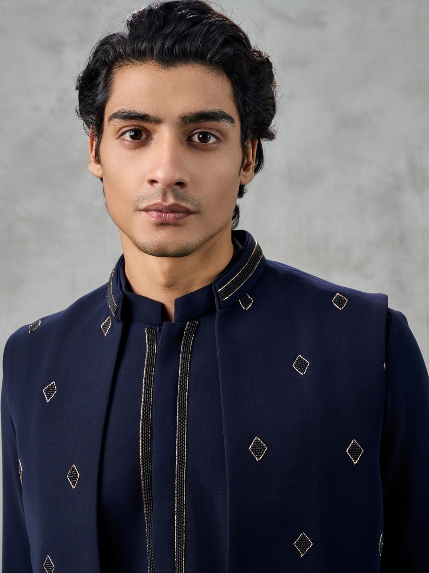 Navy Blue Blended Viscose Kurta with Trouser and Jacket