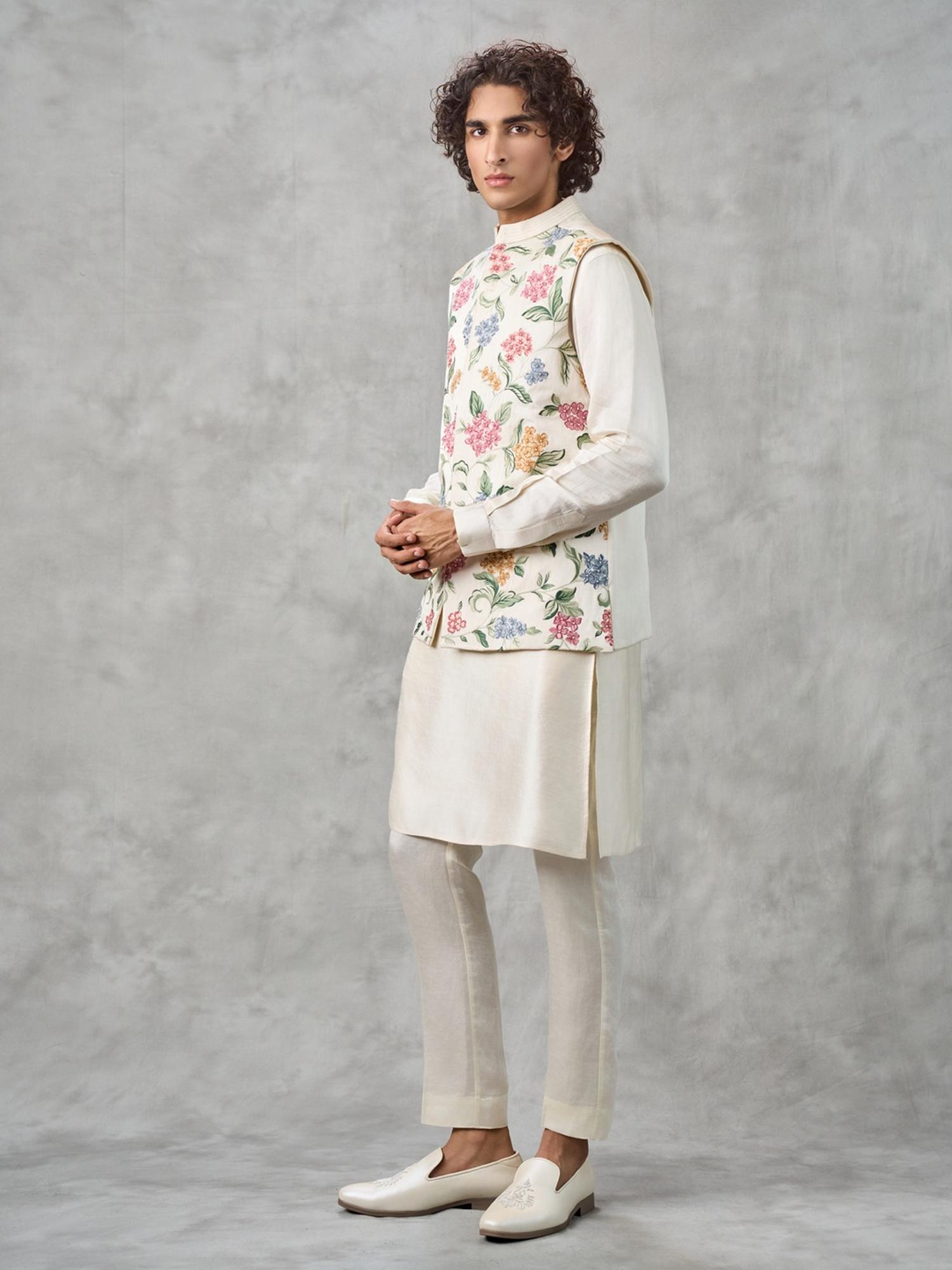 Cream Satin Kurta with Trouser and Jacket