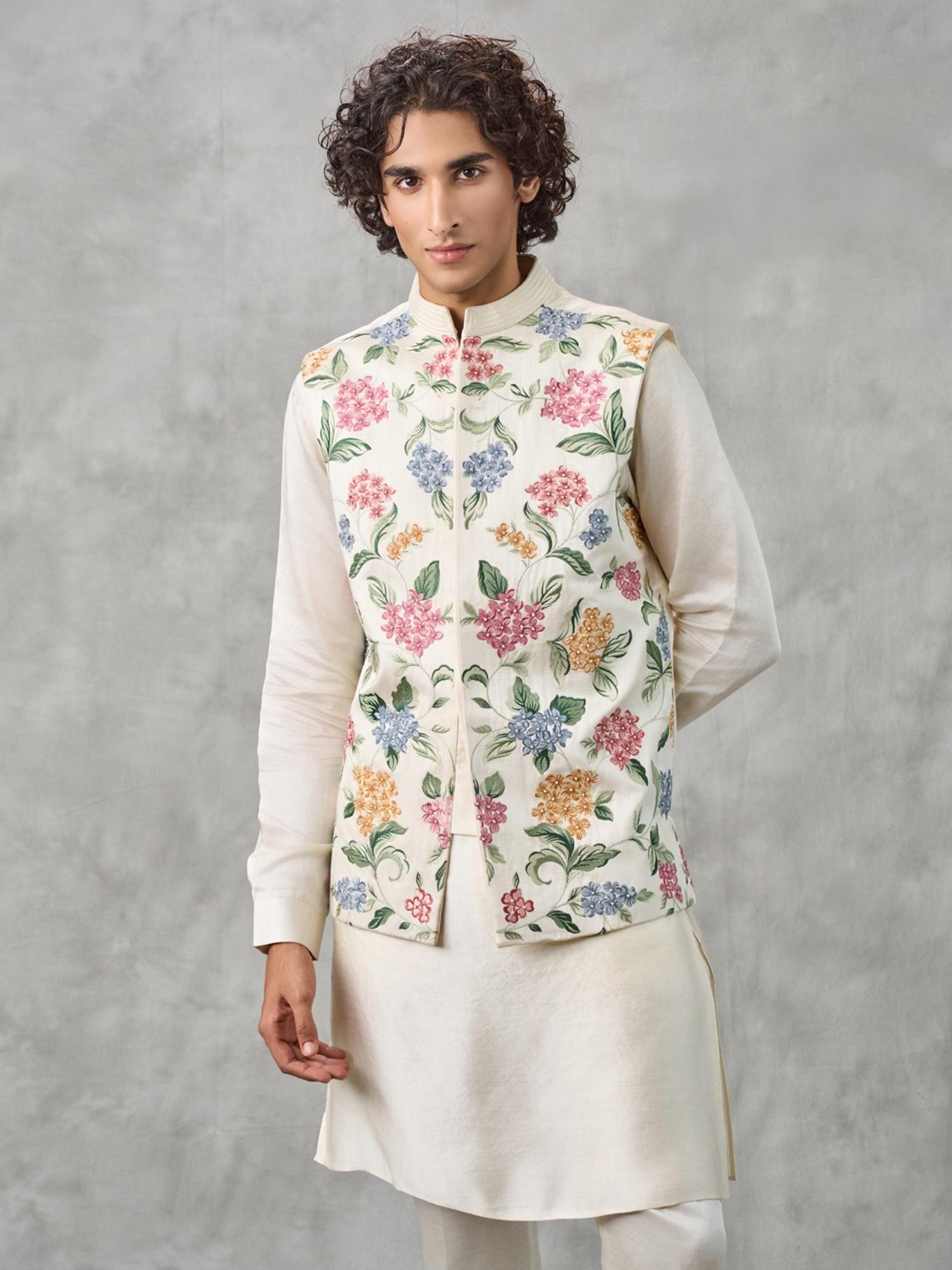 Cream Satin Kurta with Trouser and Jacket