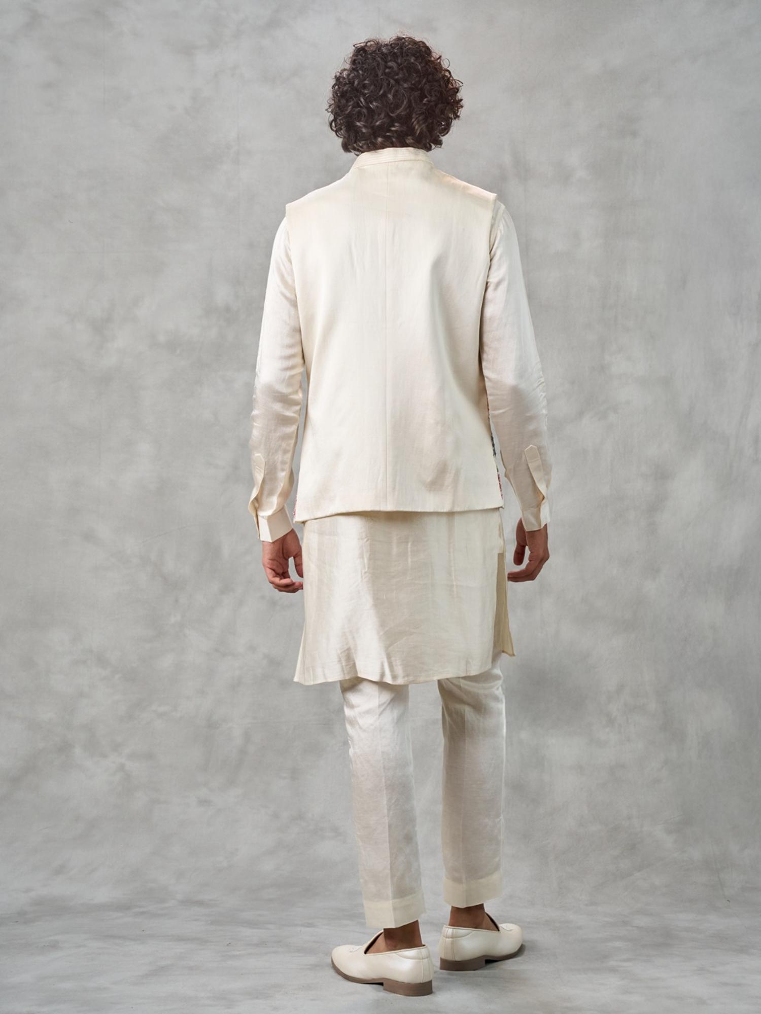 Cream Satin Kurta with Trouser and Jacket