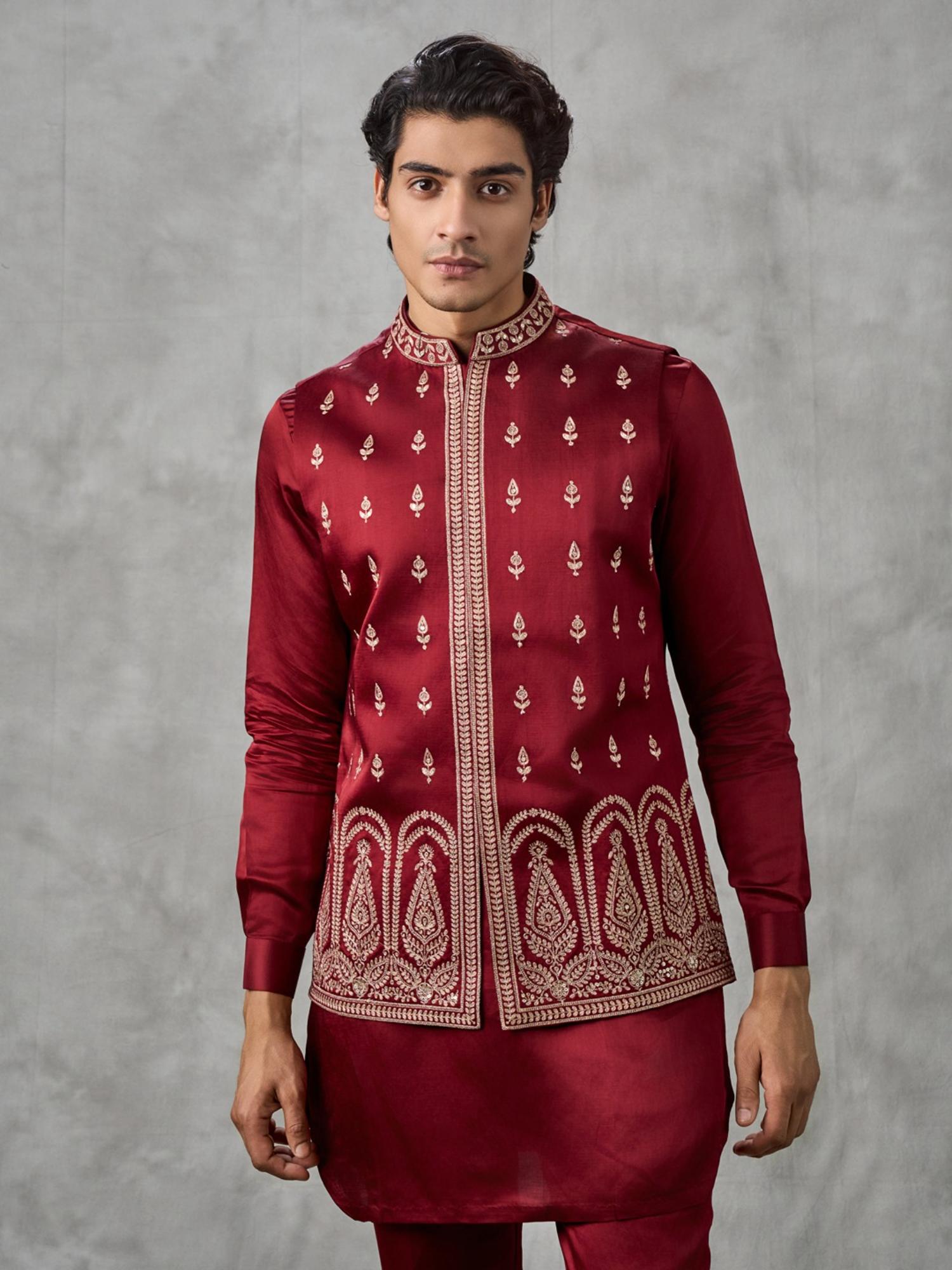 Maroon Majesty Kurta with Pant and Jacket