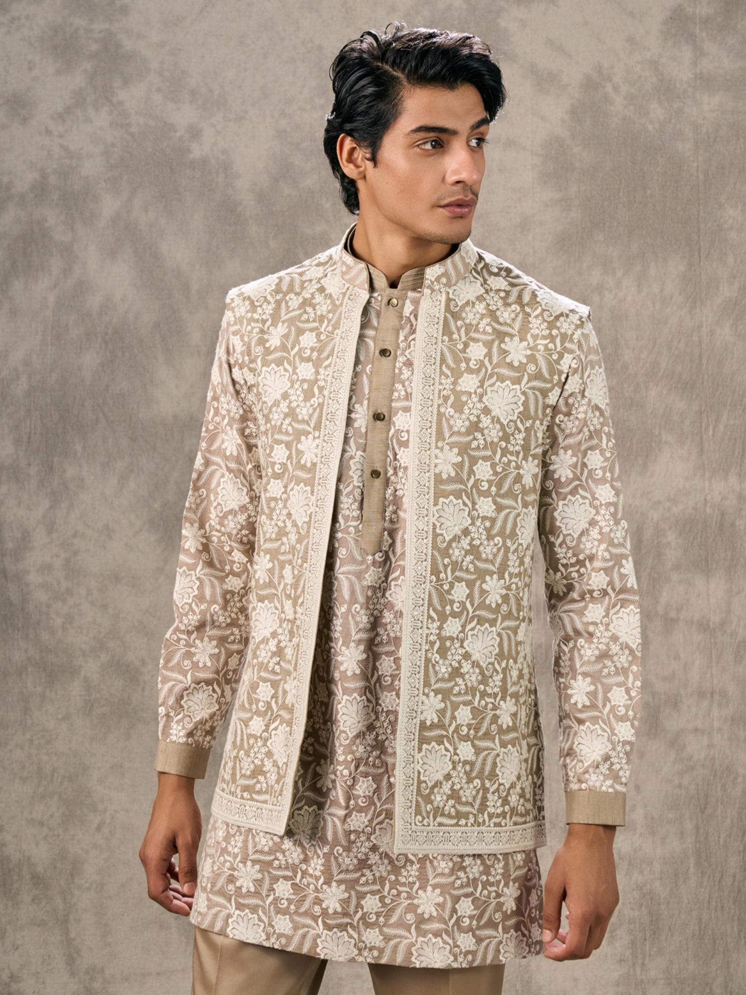Walnut Toned Kurta with Trouser and Jacket