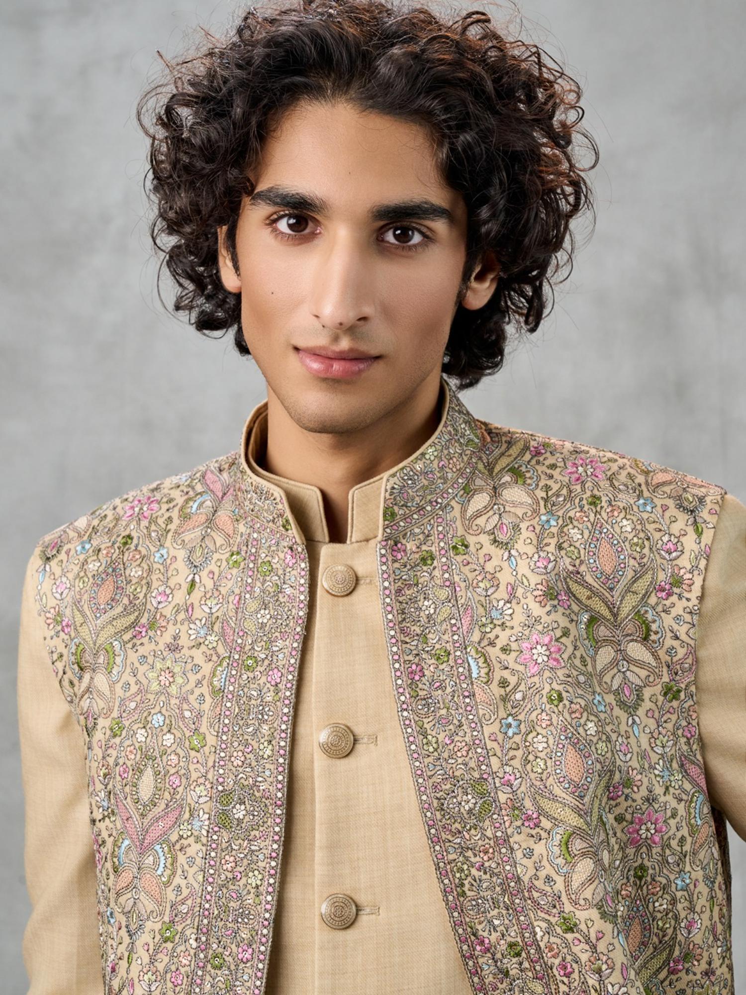 Elegant Beige Georgette Kurta with Trouser and Jacket