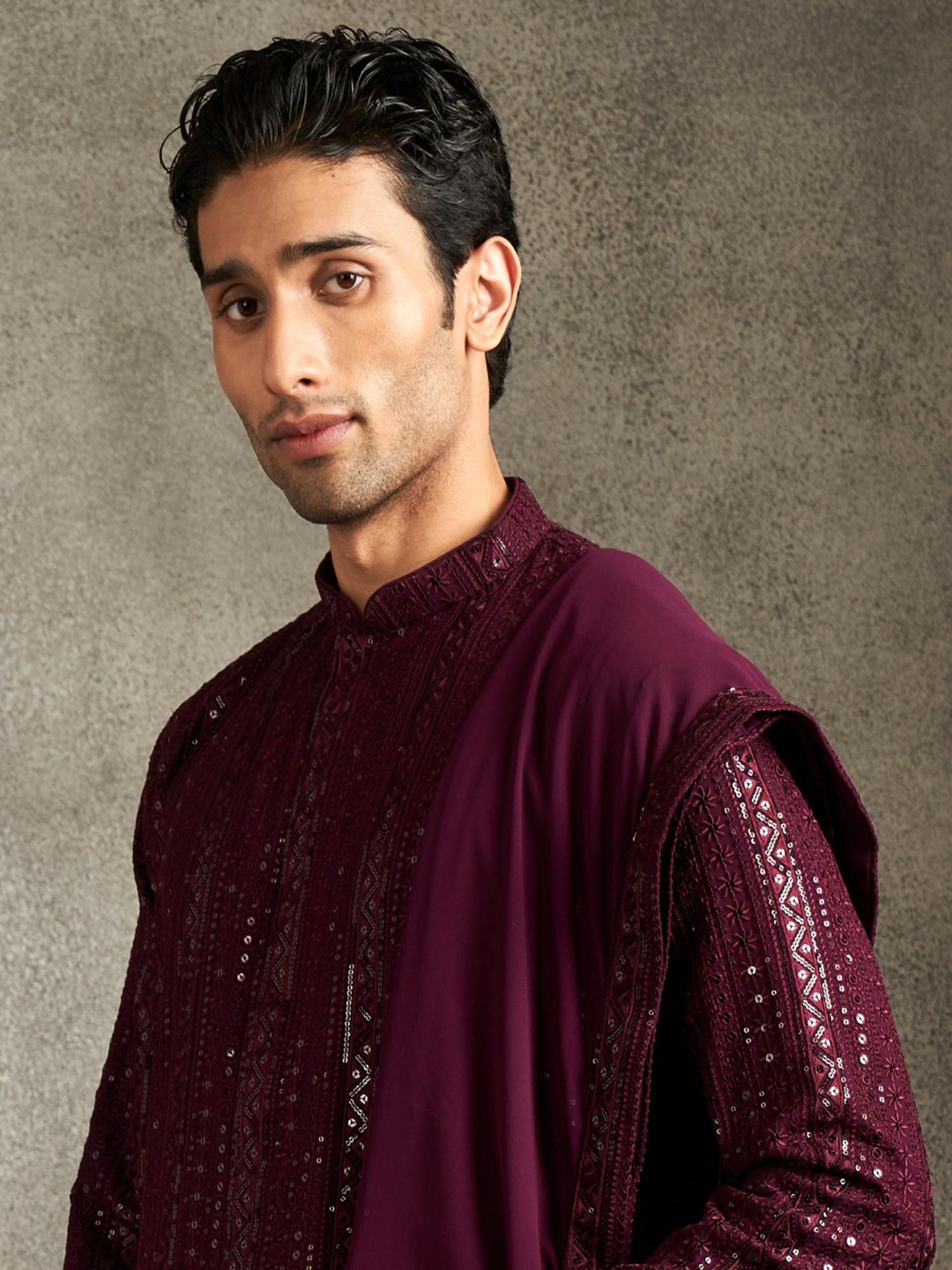 Elegant Wine Georgette Kurta and Pyjama with Dupatta
