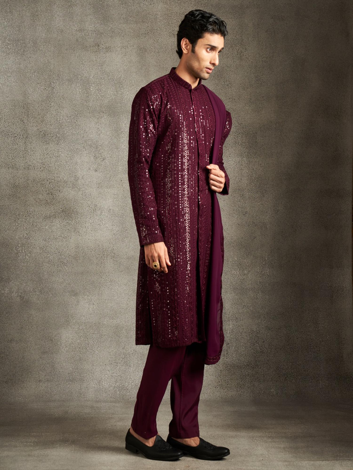 Elegant Wine Georgette Kurta and Pyjama with Dupatta