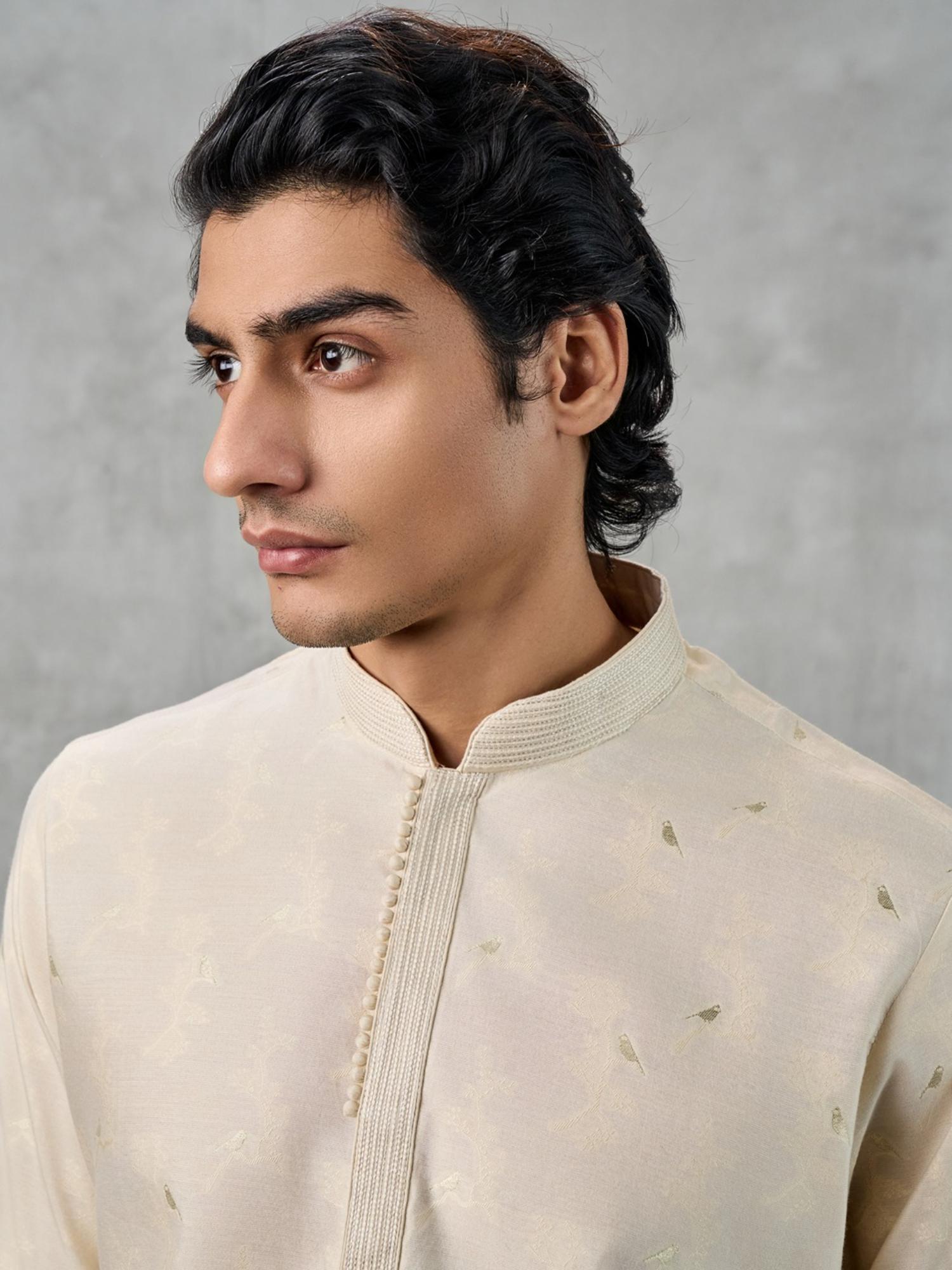 Cream Woven Kurta with Churidar