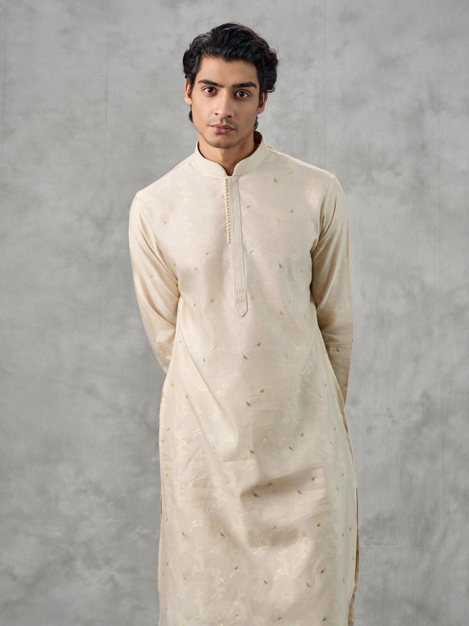 Cream Woven Kurta with Churidar