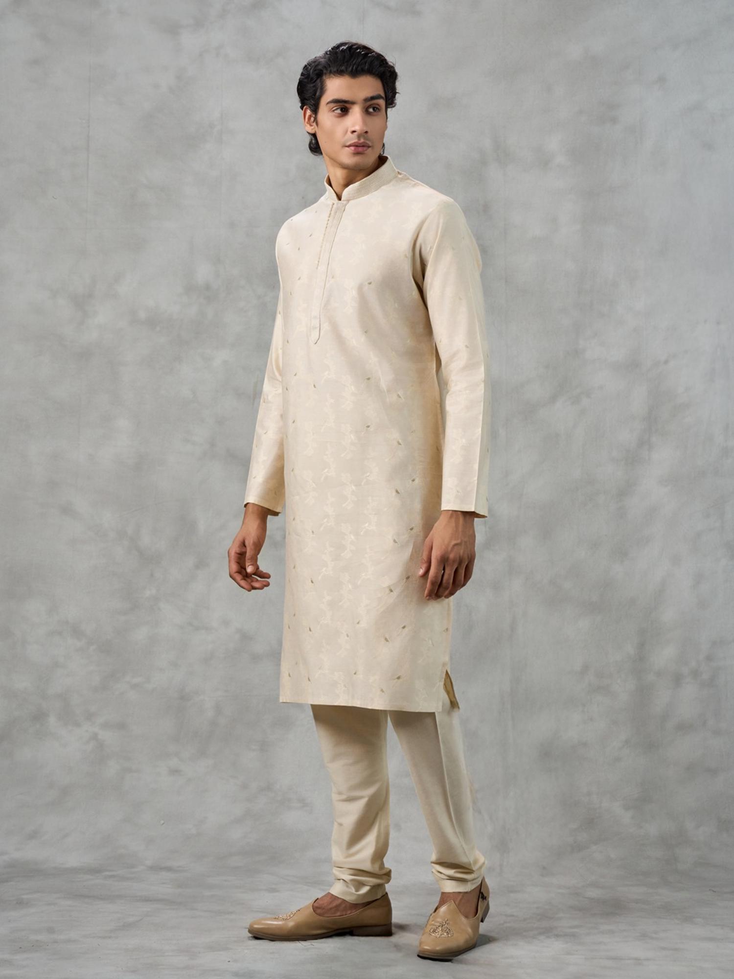 Cream Woven Kurta with Churidar