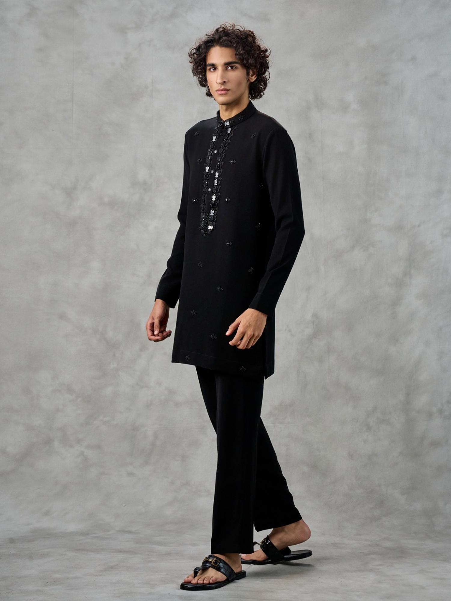 Black Knit Embellished Kurta with Pant