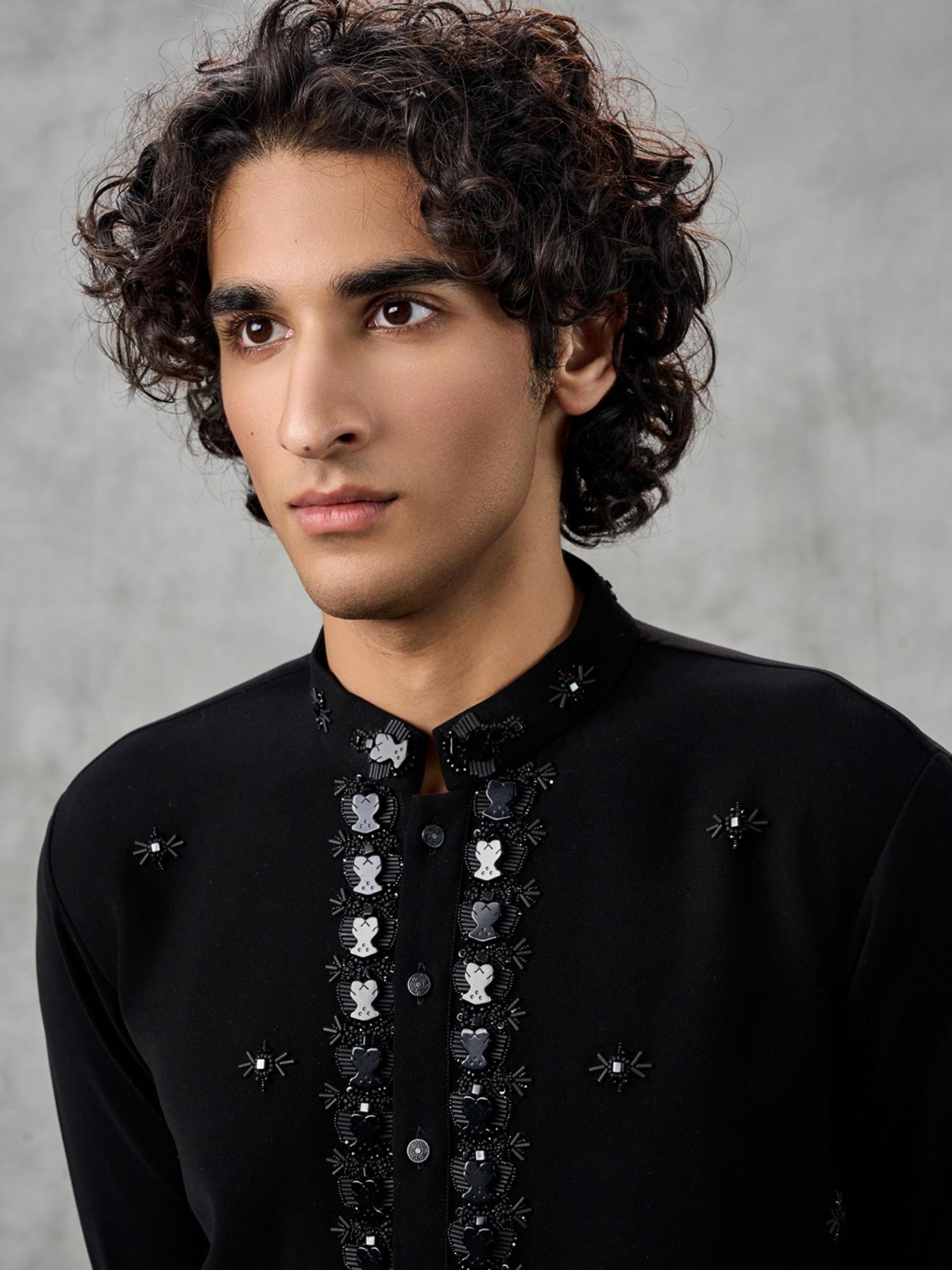 Black Knit Embellished Kurta with Pant