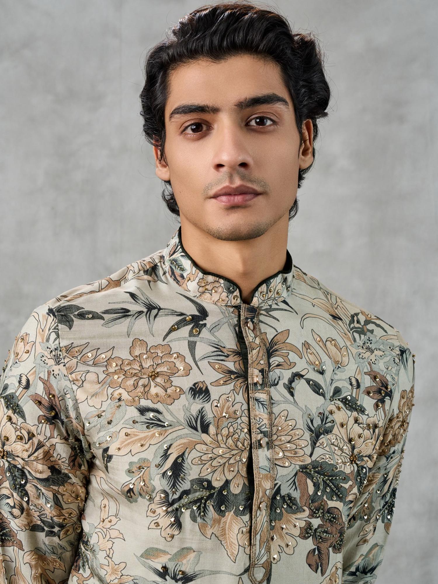Beige Floral Embellished Kurta with Pant