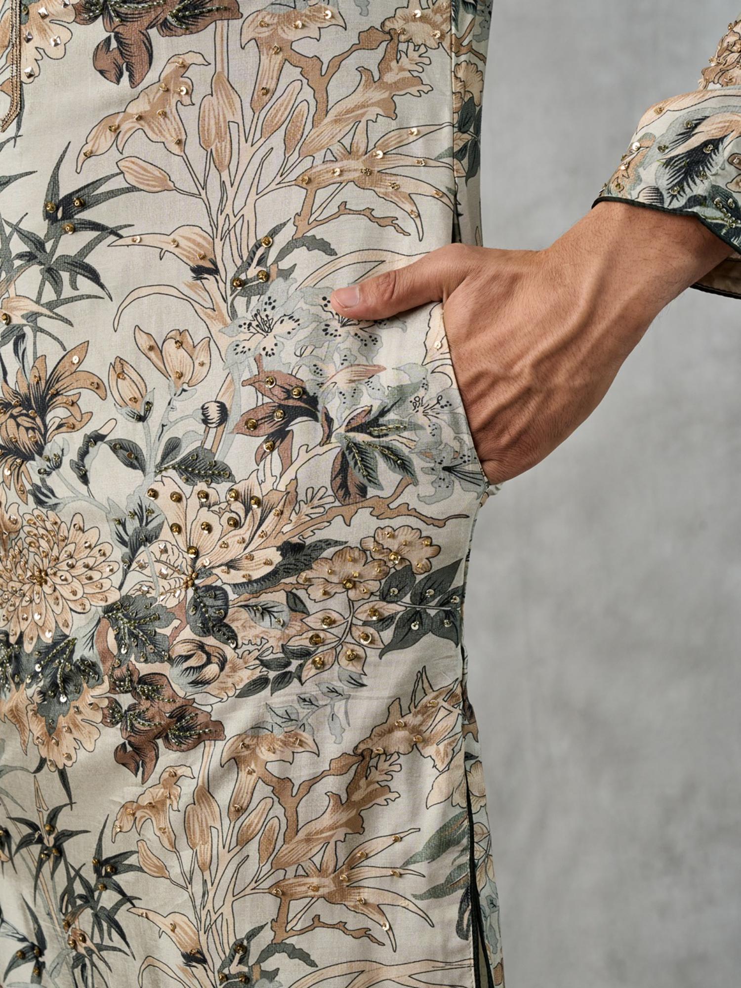 Beige Floral Embellished Kurta with Pant